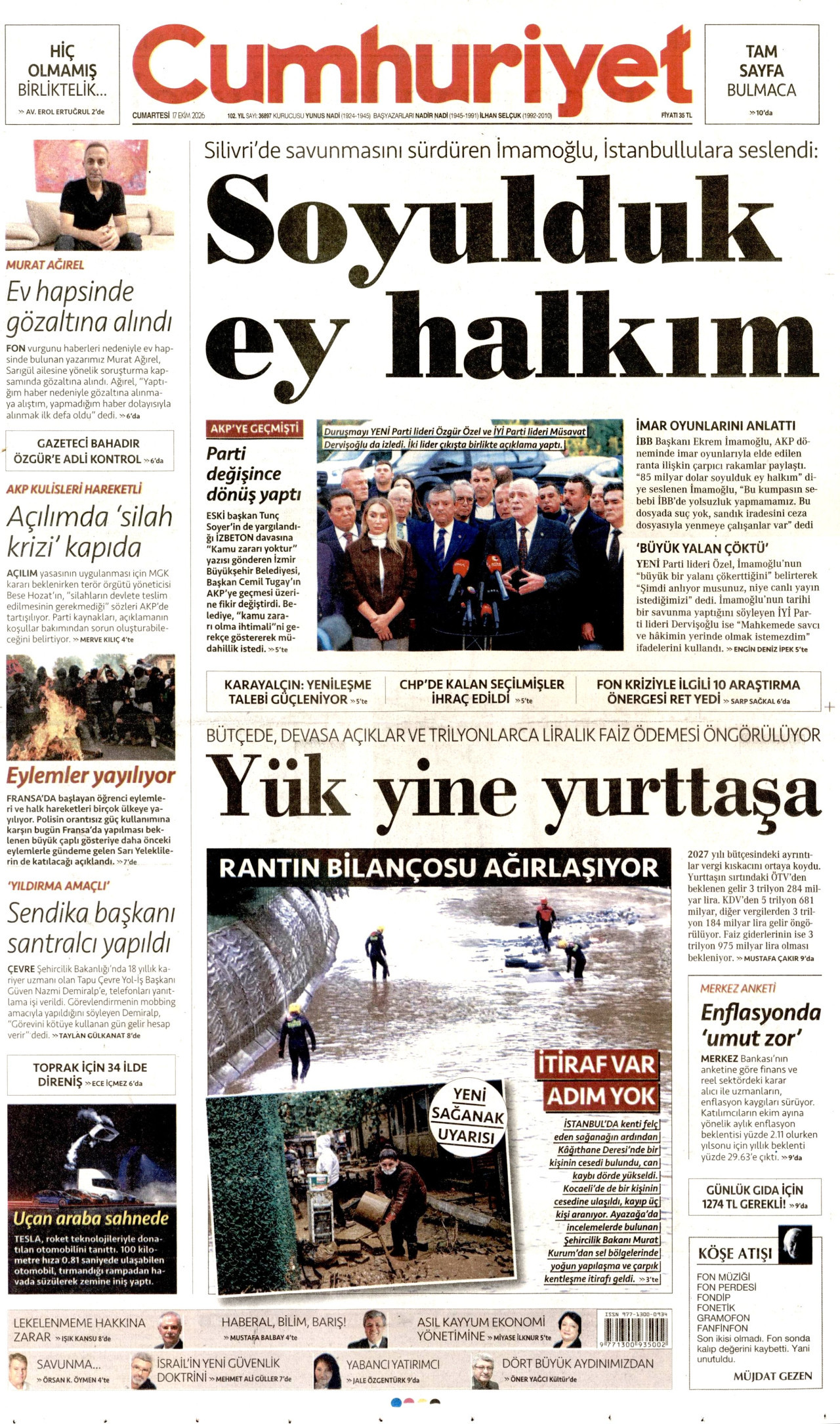 Cumhuriyet Gazetesi 18 Ekim 2026 Pazar Manşeti Büyük Boyut