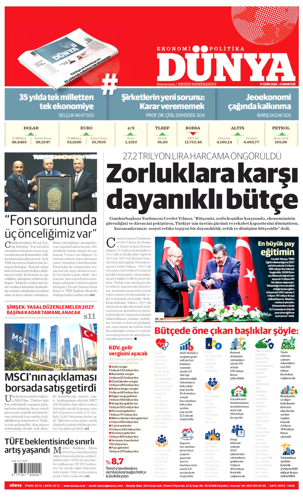 Dünya Gazetesi 18 Ekim 2026 Pazar Manşeti Büyük Boyut