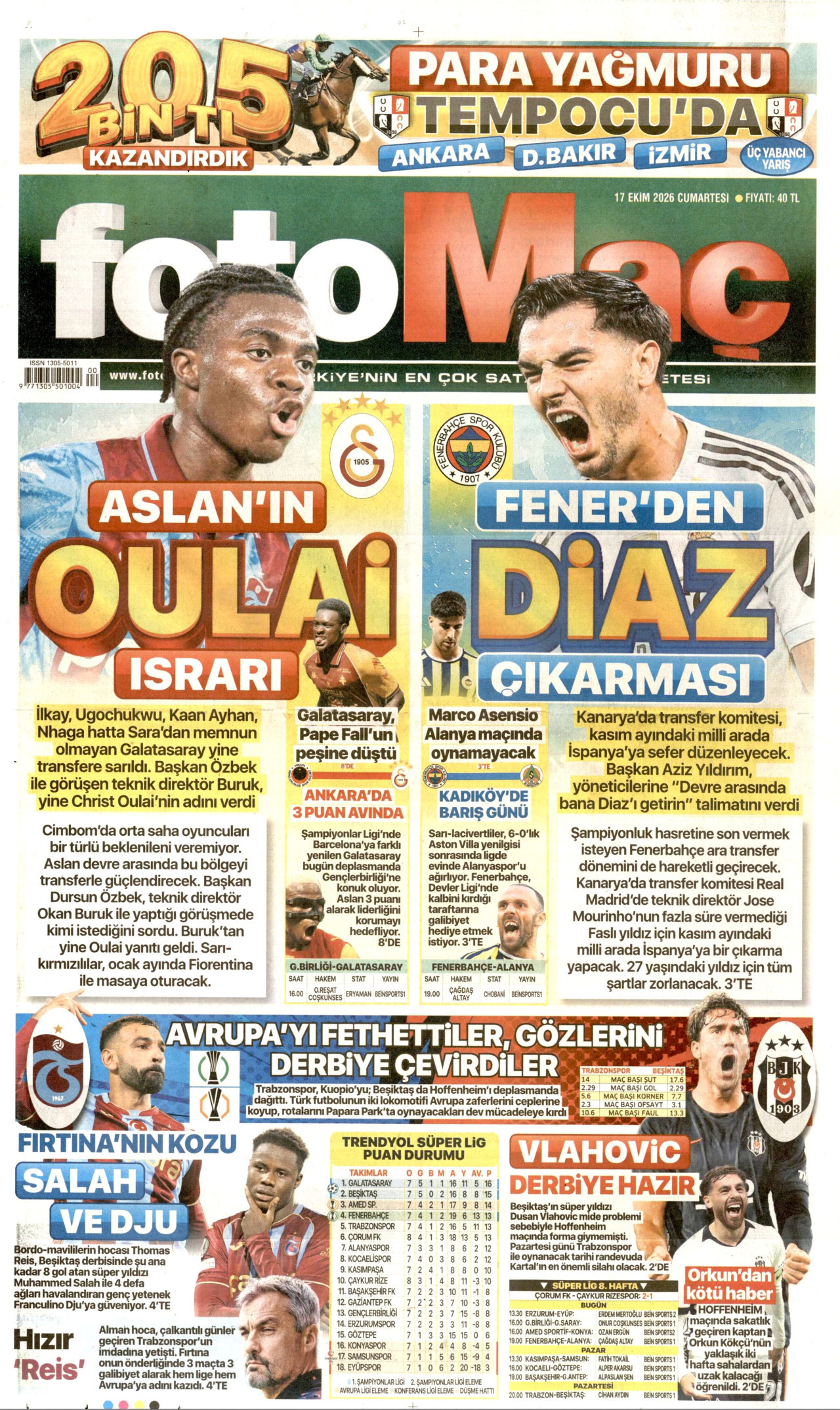 Fotomaç Gazetesi 18 Ekim 2026 Pazar Manşeti Büyük Boyut