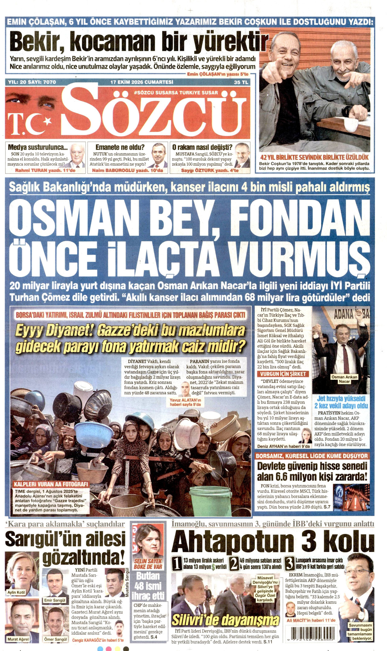 Sözcü Gazetesi 18 Ekim 2026 Pazar Manşeti Büyük Boyut