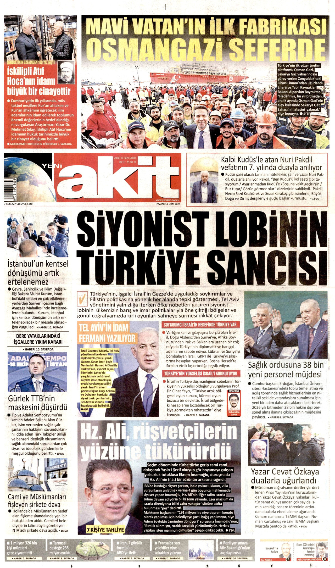 Yeni Akit Gazetesi 19 Ekim 2026 Pazartesi Manşeti Büyük Boyut