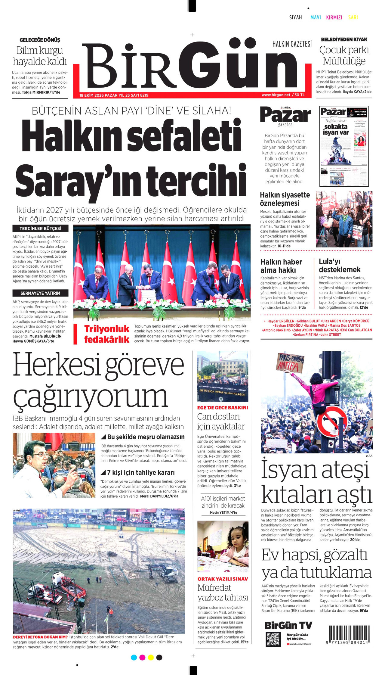 BirGün Gazetesi 19 Ekim 2026 Pazartesi Manşeti Büyük Boyut