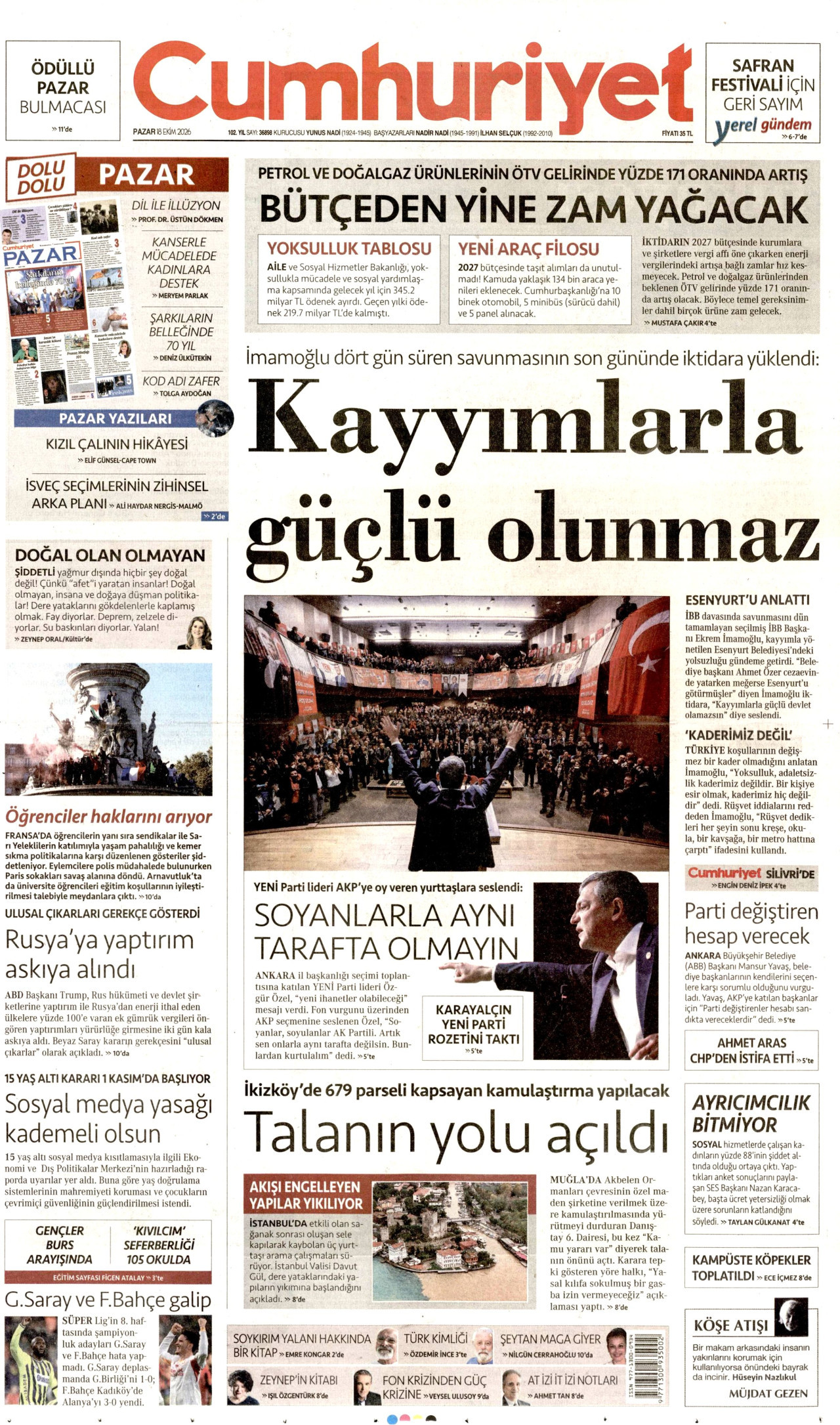 Cumhuriyet Gazetesi 19 Ekim 2026 Pazartesi Manşeti Büyük Boyut