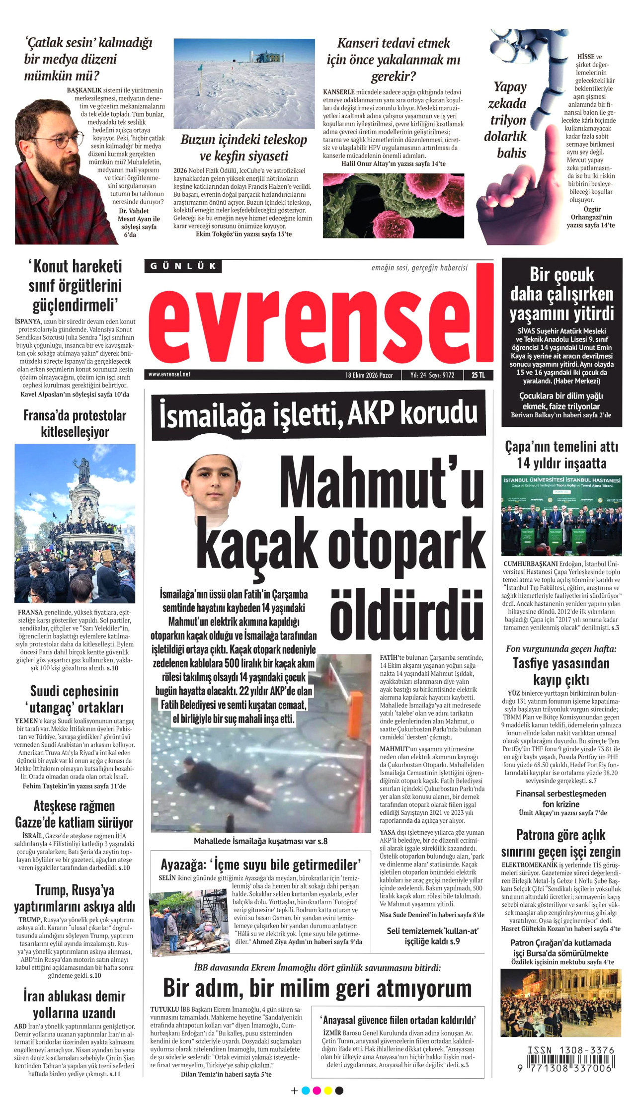 Evrensel Gazetesi 19 Ekim 2026 Pazartesi Manşeti Büyük Boyut