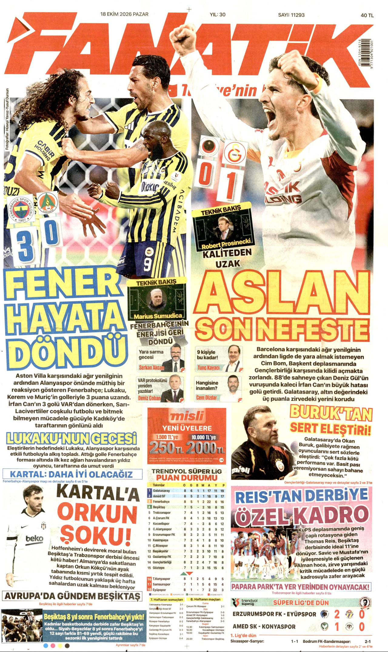 Fanatik Gazetesi 19 Ekim 2026 Pazartesi Manşeti Büyük Boyut