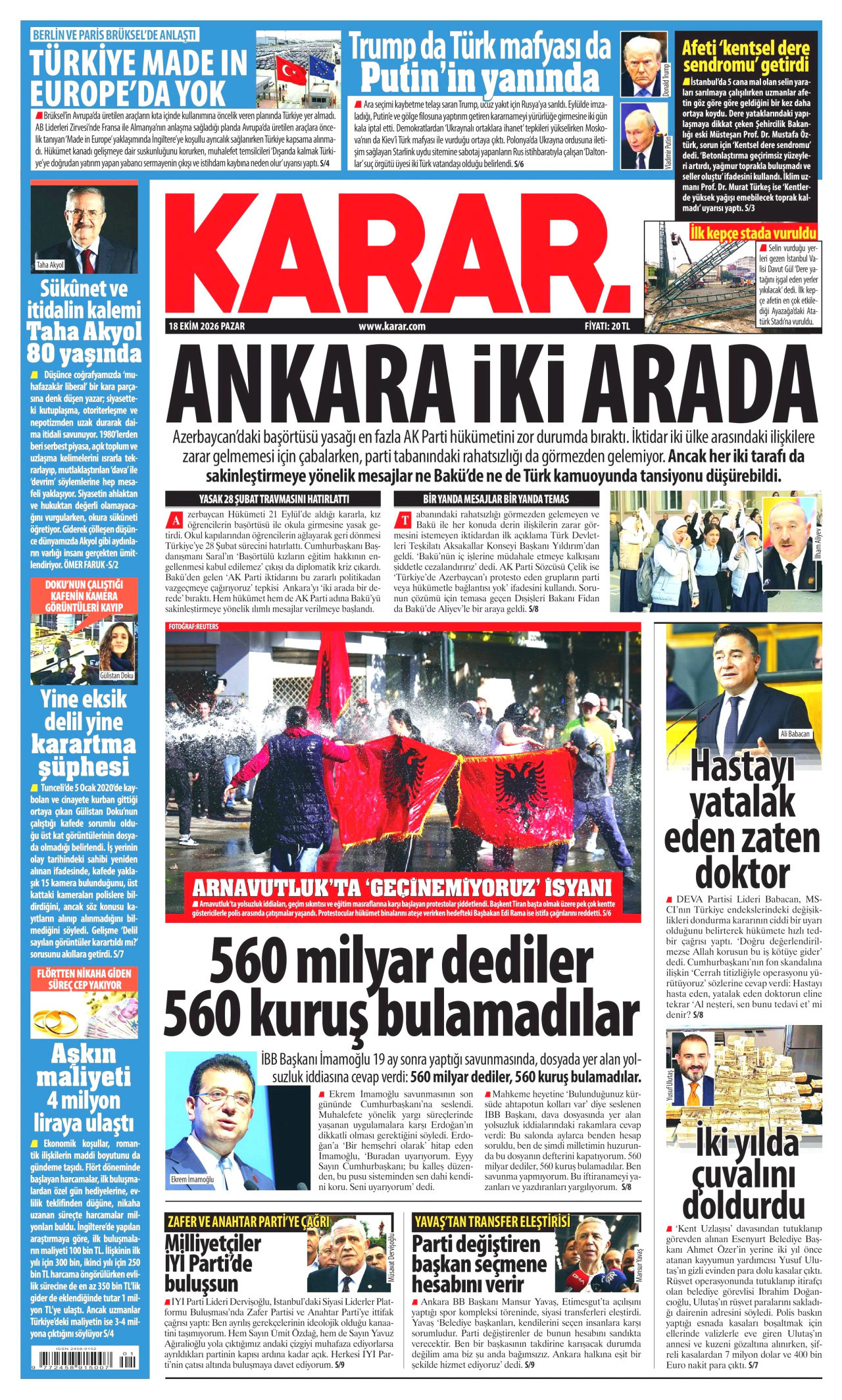 Karar Gazetesi 19 Ekim 2026 Pazartesi Manşeti Büyük Boyut