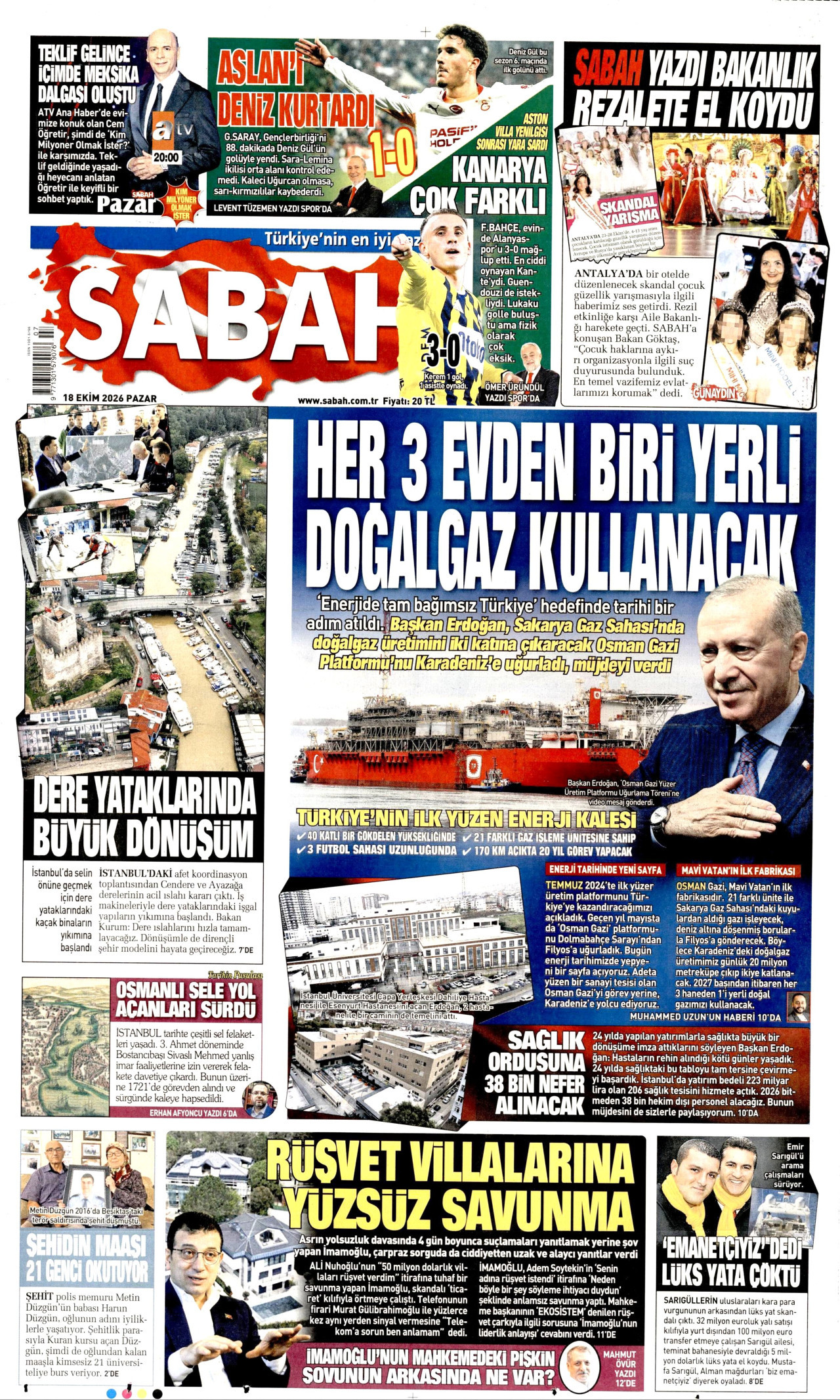 Sabah Gazetesi 19 Ekim 2026 Pazartesi Manşeti Büyük Boyut