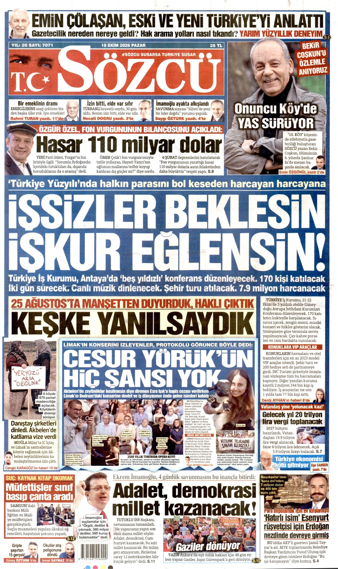 Sözcü Gazetesi 19 Ekim 2026 Pazartesi Manşeti Büyük Boyut