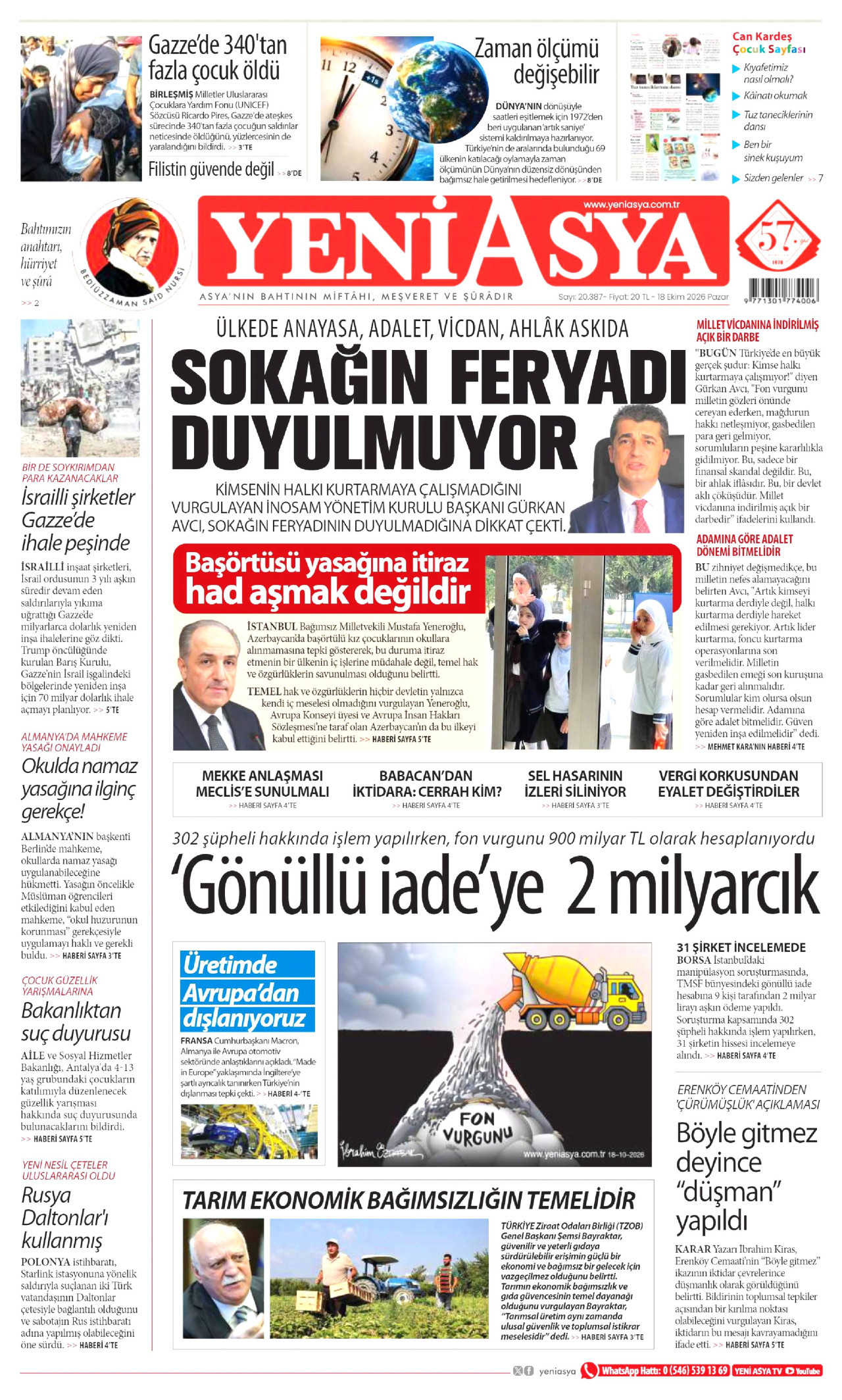 Yeni Asya Gazetesi 19 Ekim 2026 Pazartesi Manşeti Büyük Boyut