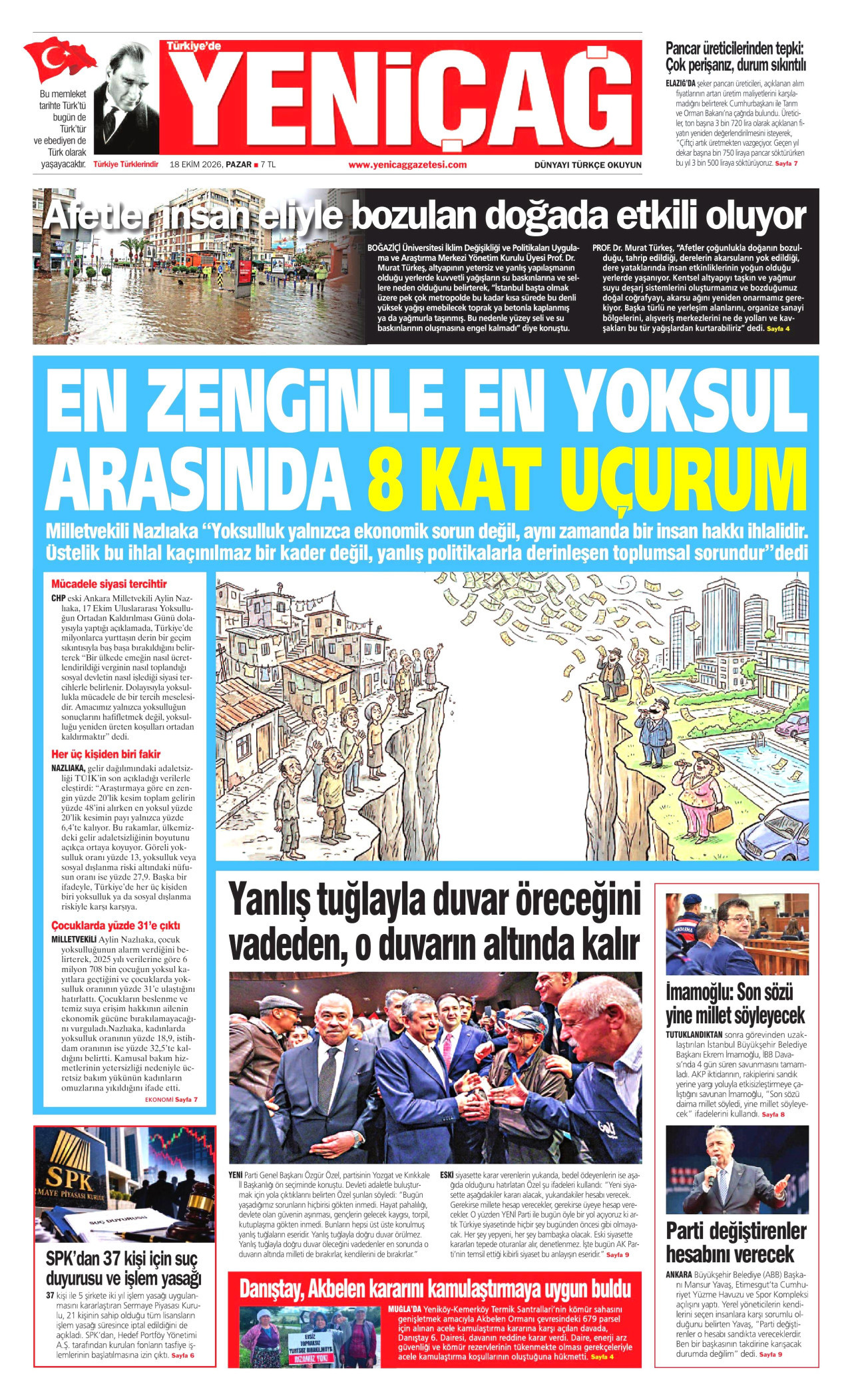 Yeniçağ Gazetesi 19 Ekim 2026 Pazartesi Manşeti Büyük Boyut
