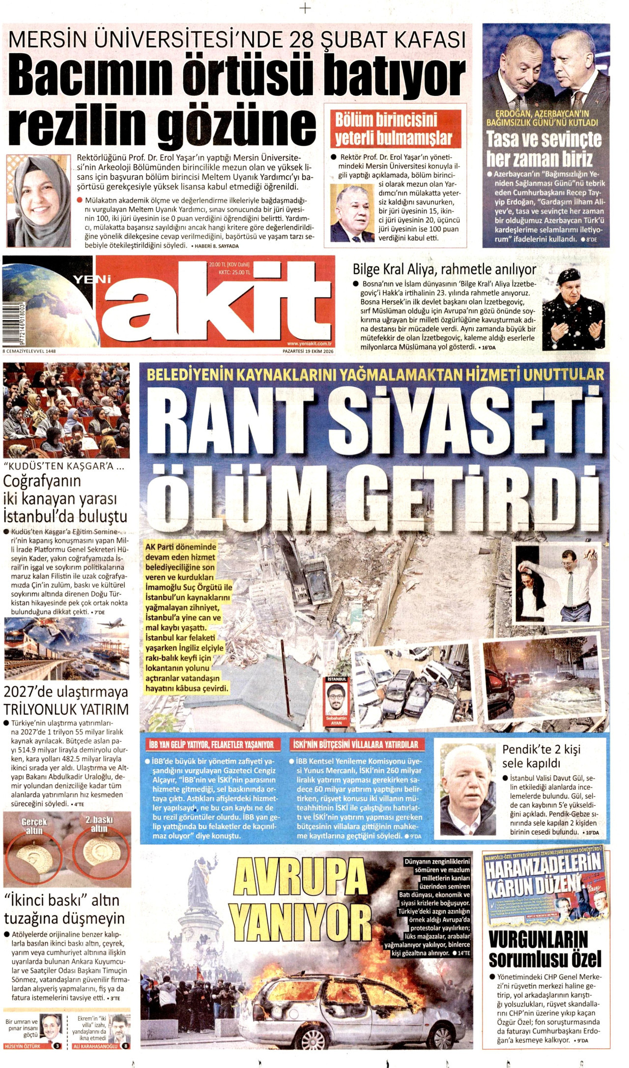 Yeni Akit Gazetesi 20 Ekim 2026 Salı Manşeti Büyük Boyut