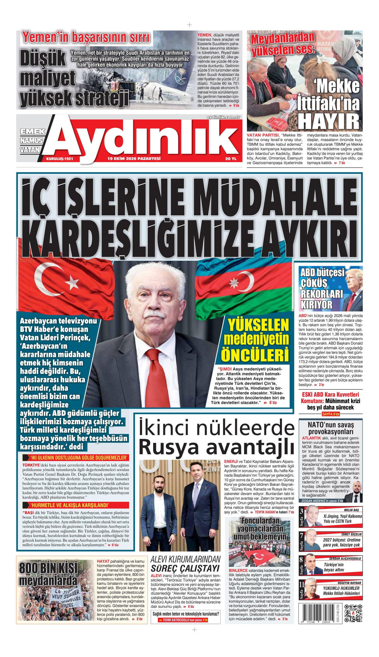 Aydınlık Gazetesi 20 Ekim 2026 Salı Manşeti Büyük Boyut