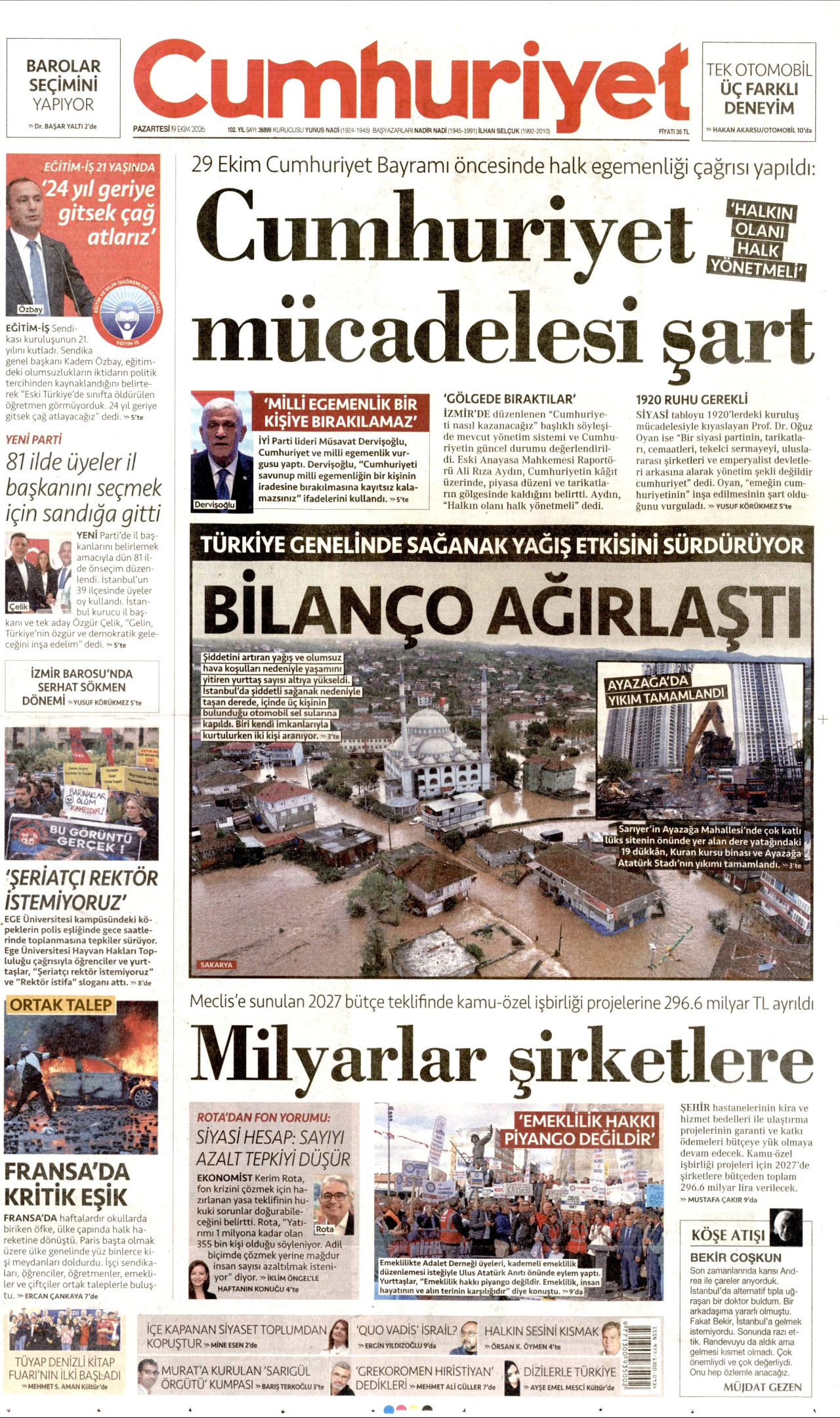 Cumhuriyet Gazetesi 20 Ekim 2026 Salı Manşeti Büyük Boyut