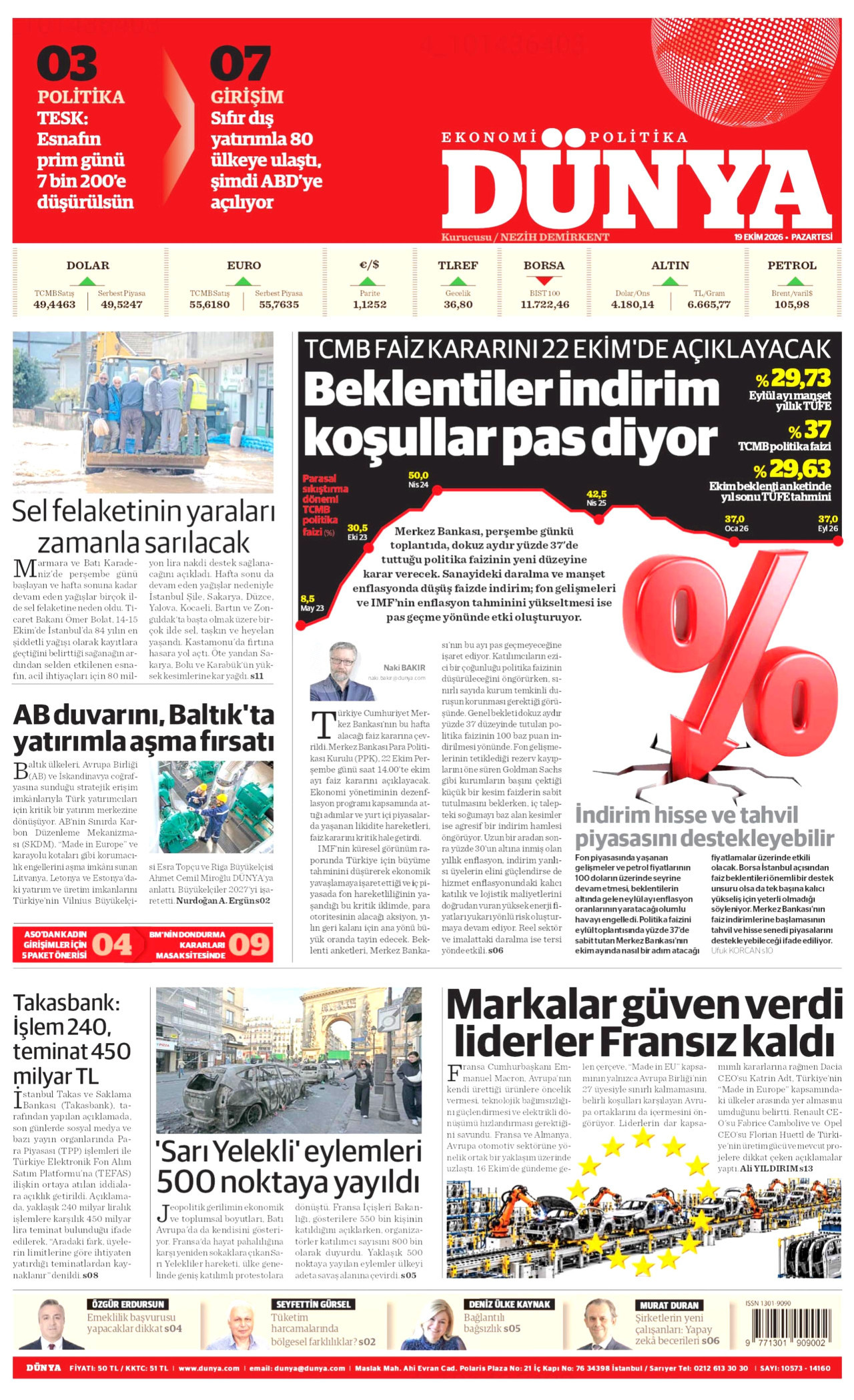 Dünya Gazetesi 20 Ekim 2026 Salı Manşeti Büyük Boyut