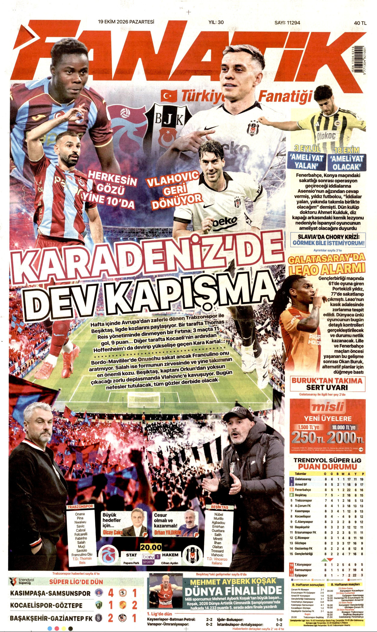 Fanatik Gazetesi 20 Ekim 2026 Salı Manşeti Büyük Boyut