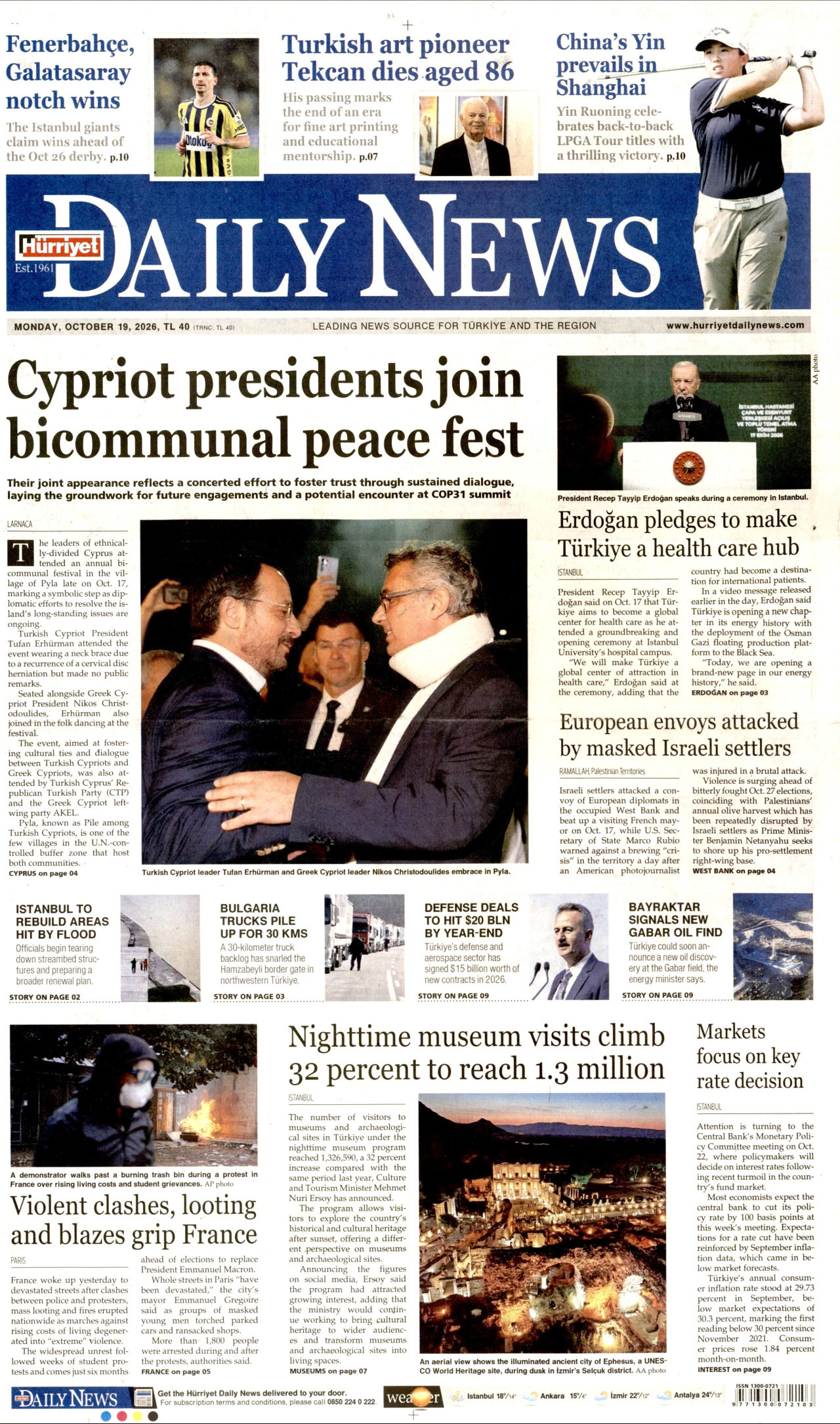 Hürriyet Daily News Gazetesi 20 Ekim 2026 Salı Manşeti Büyük Boyut