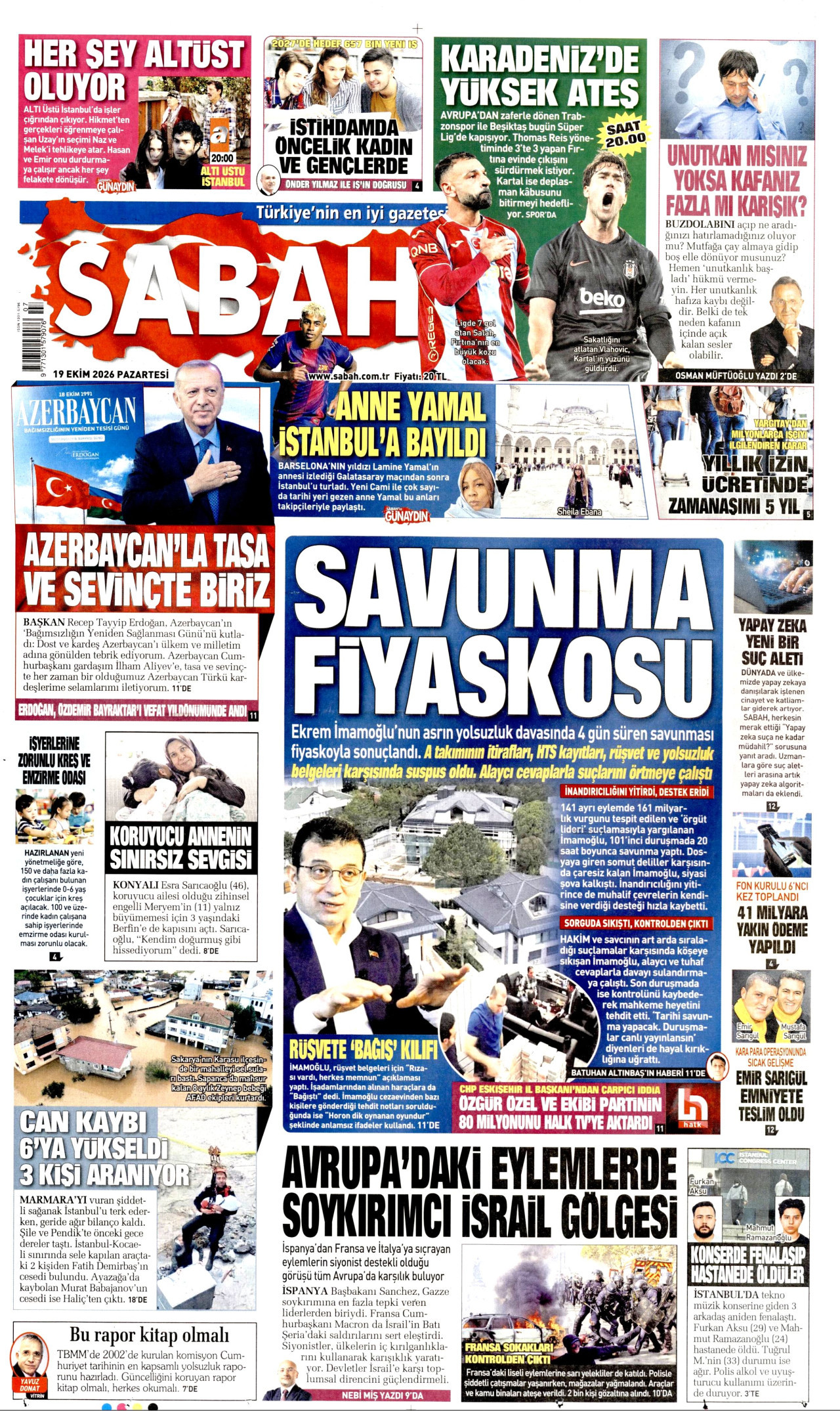 Sabah Gazetesi 20 Ekim 2026 Salı Manşeti Büyük Boyut