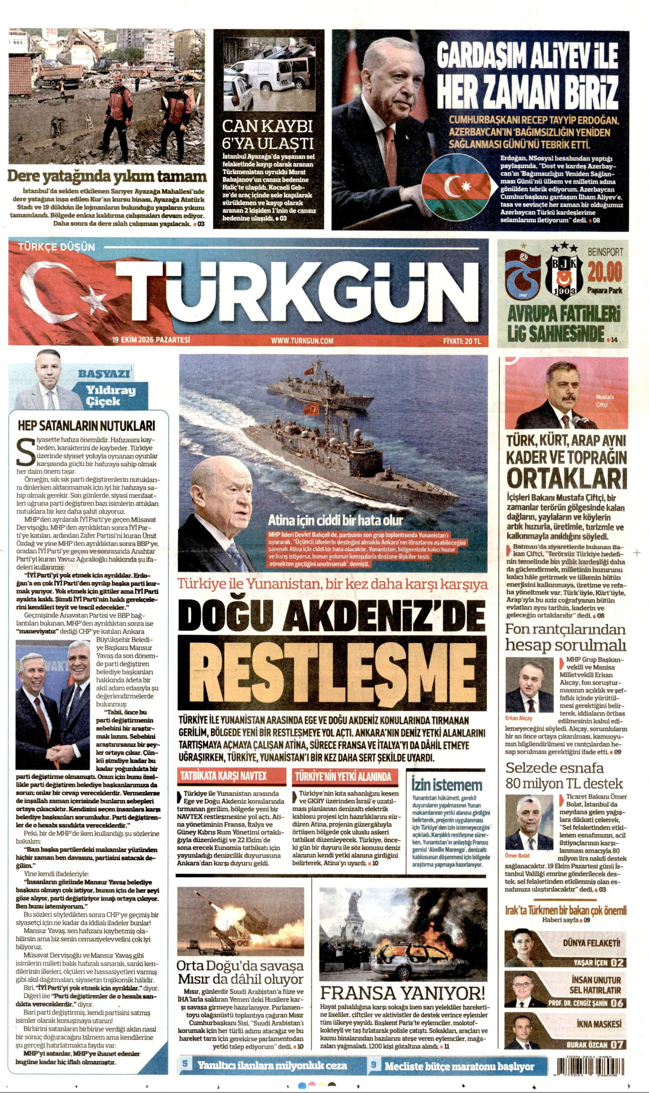 Türkgün Gazetesi 20 Ekim 2026 Salı Manşeti Büyük Boyut
