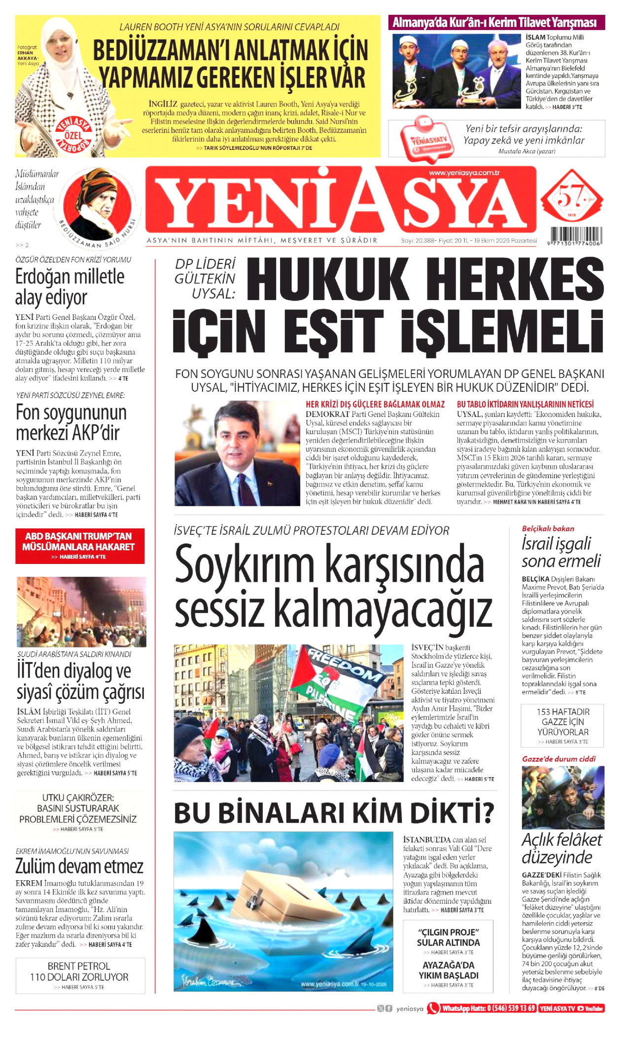 Yeni Asya Gazetesi 20 Ekim 2026 Salı Manşeti Büyük Boyut