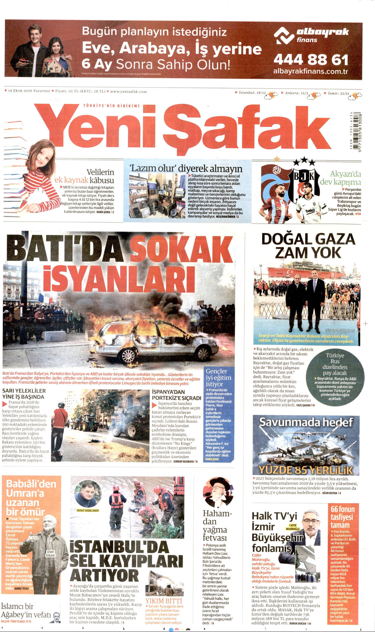 Yeni Şafak Gazetesi 20 Ekim 2026 Salı Manşeti Büyük Boyut