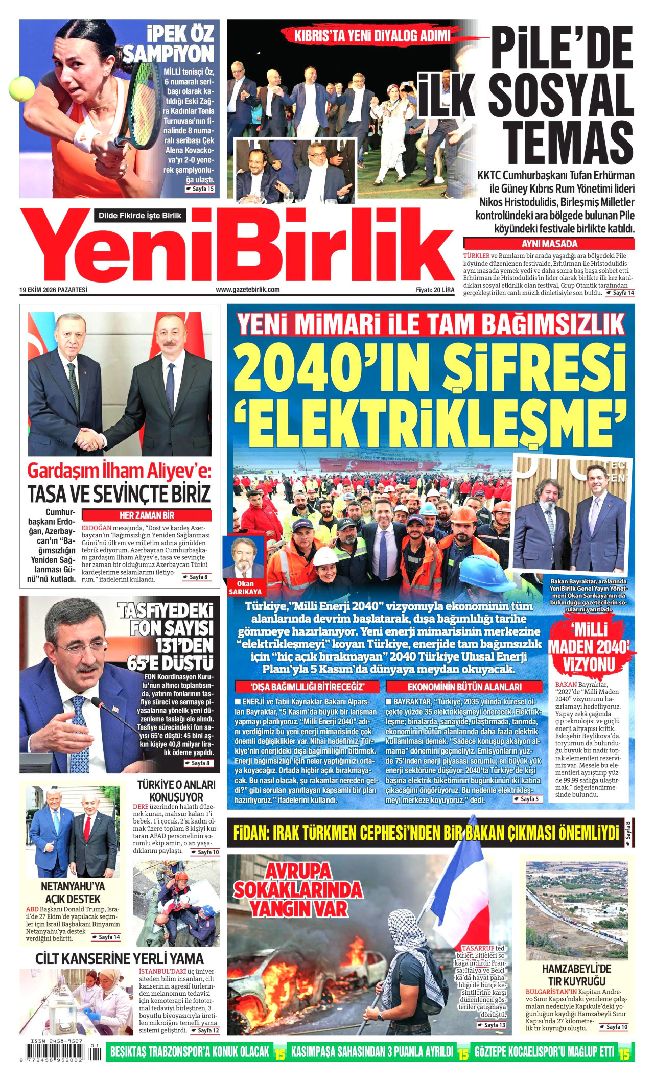 YeniBirlik Gazetesi 20 Ekim 2026 Salı Manşeti Büyük Boyut