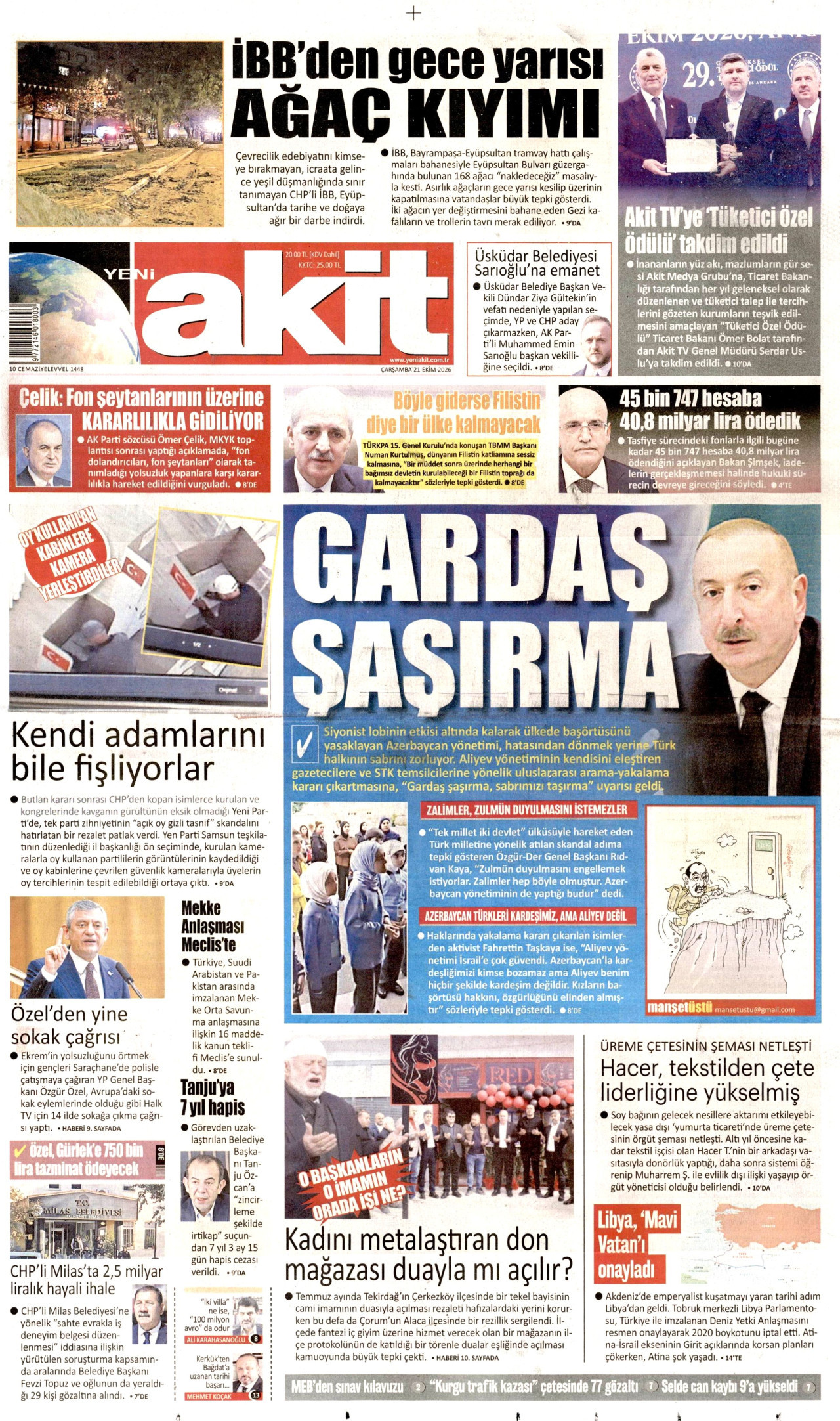 Yeni Akit Gazetesi 21 Ekim 2026 Çarşamba Manşeti Büyük Boyut
