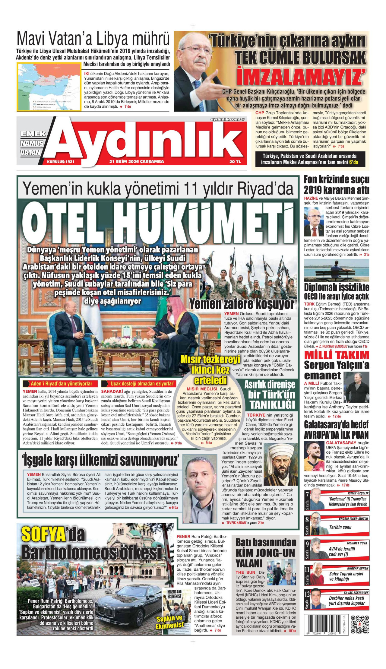 Aydınlık Gazetesi 21 Ekim 2026 Çarşamba Manşeti Büyük Boyut