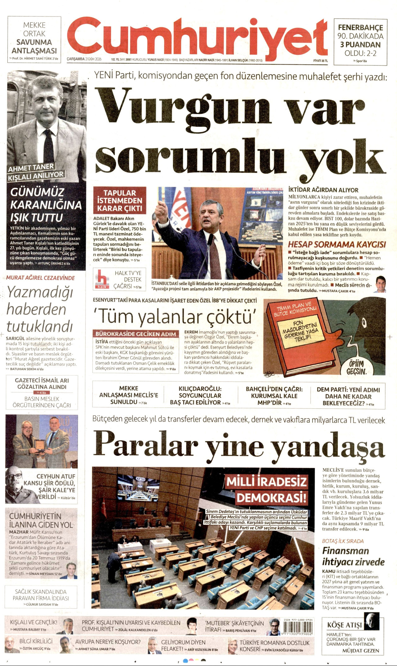 Cumhuriyet Gazetesi 21 Ekim 2026 Çarşamba Manşeti Büyük Boyut