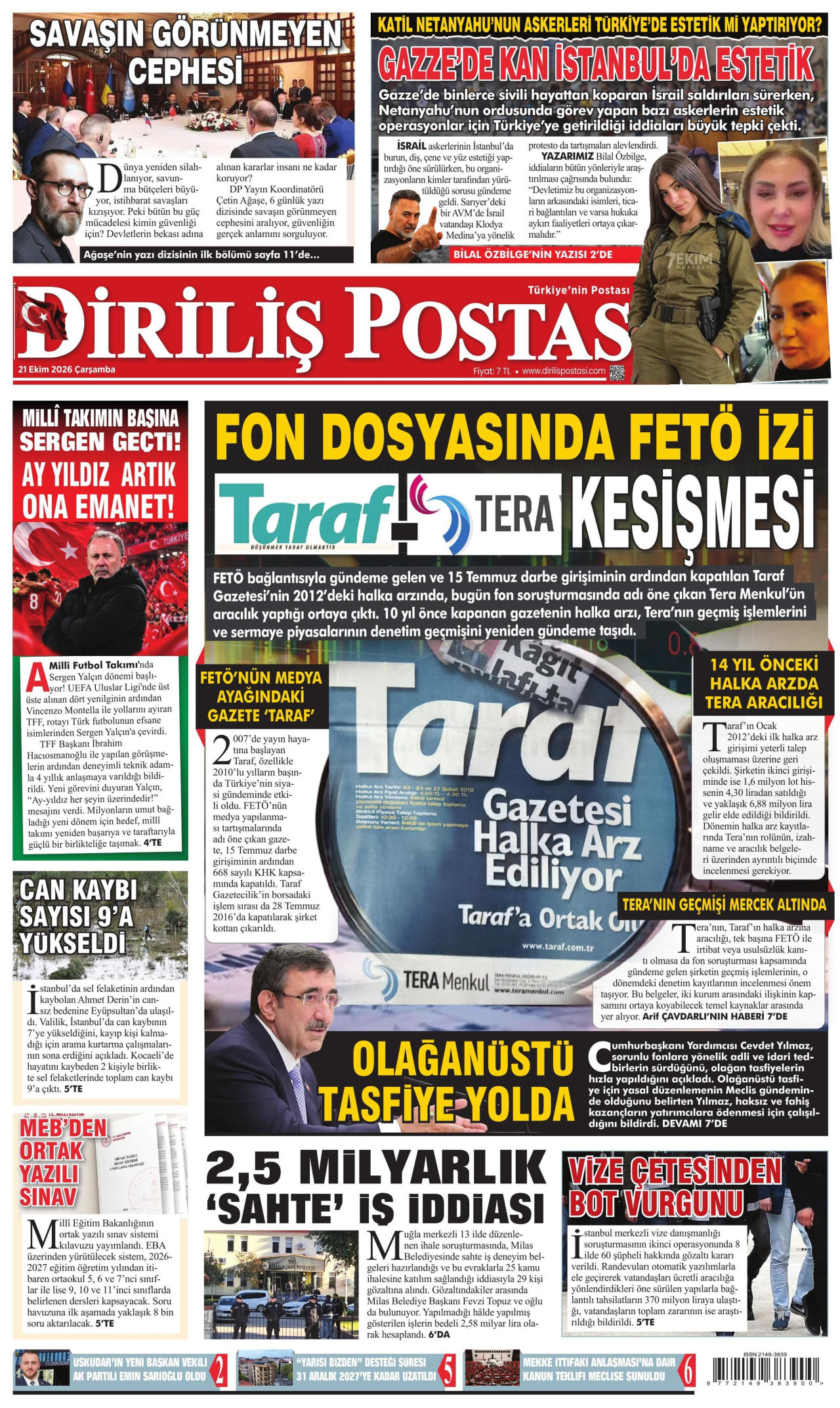 Diriliş Postası Gazetesi 21 Ekim 2026 Çarşamba Manşeti Büyük Boyut