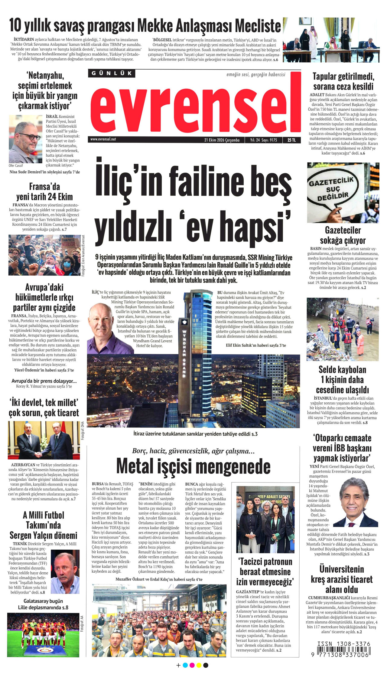 Evrensel Gazetesi 21 Ekim 2026 Çarşamba Manşeti Büyük Boyut