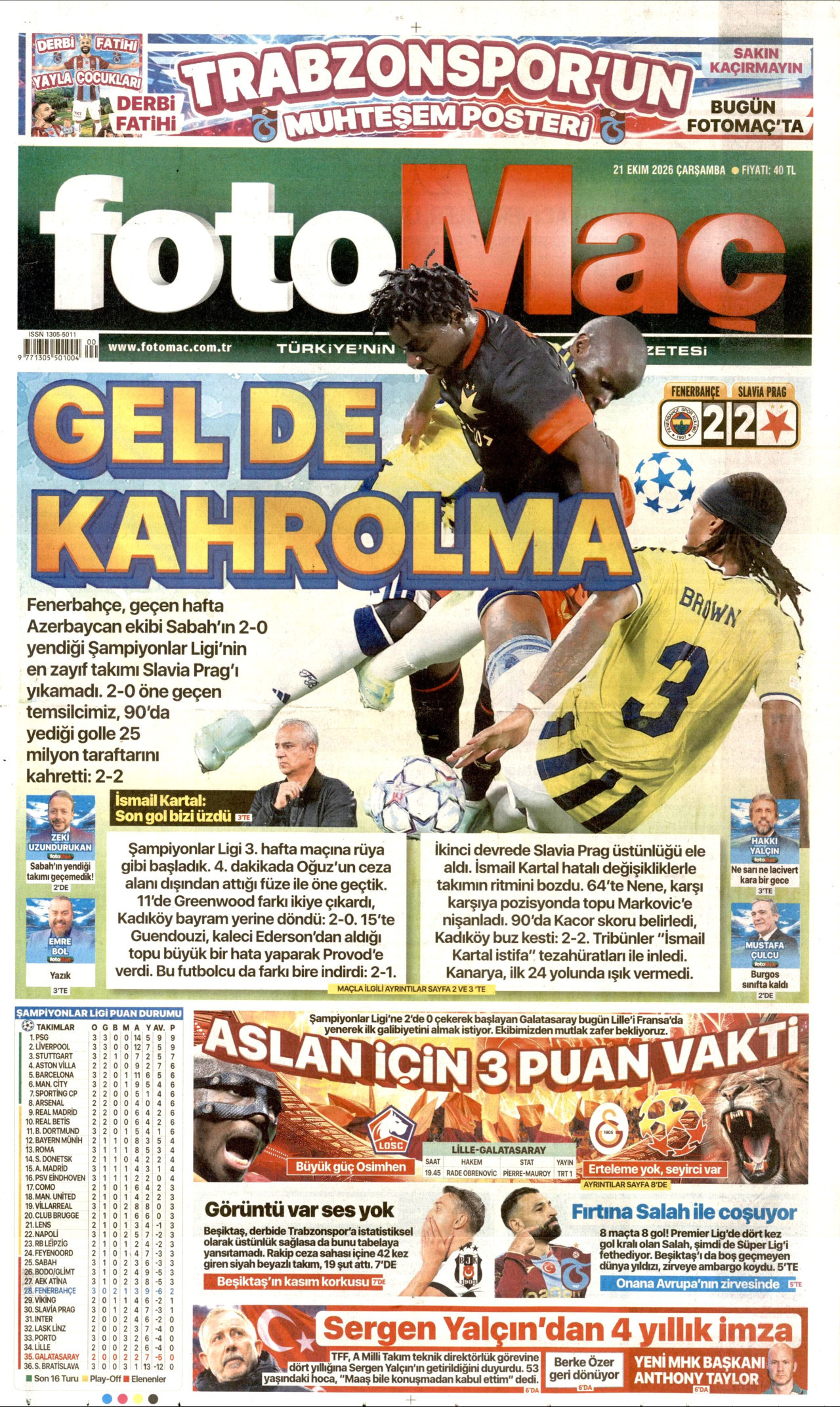 Fotomaç Gazetesi 21 Ekim 2026 Çarşamba Manşeti Büyük Boyut