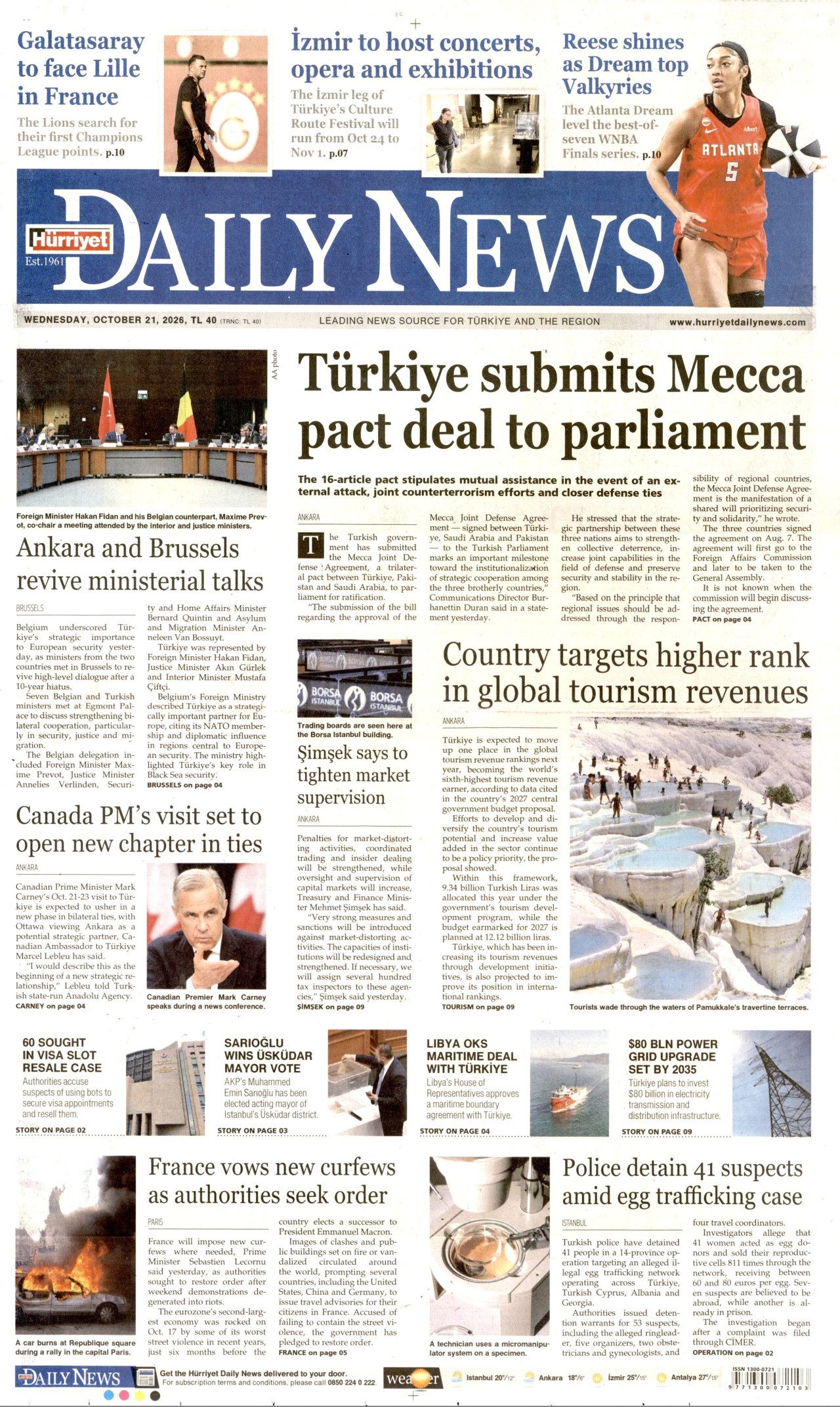 Hürriyet Daily News Gazetesi 21 Ekim 2026 Çarşamba Manşeti Büyük Boyut