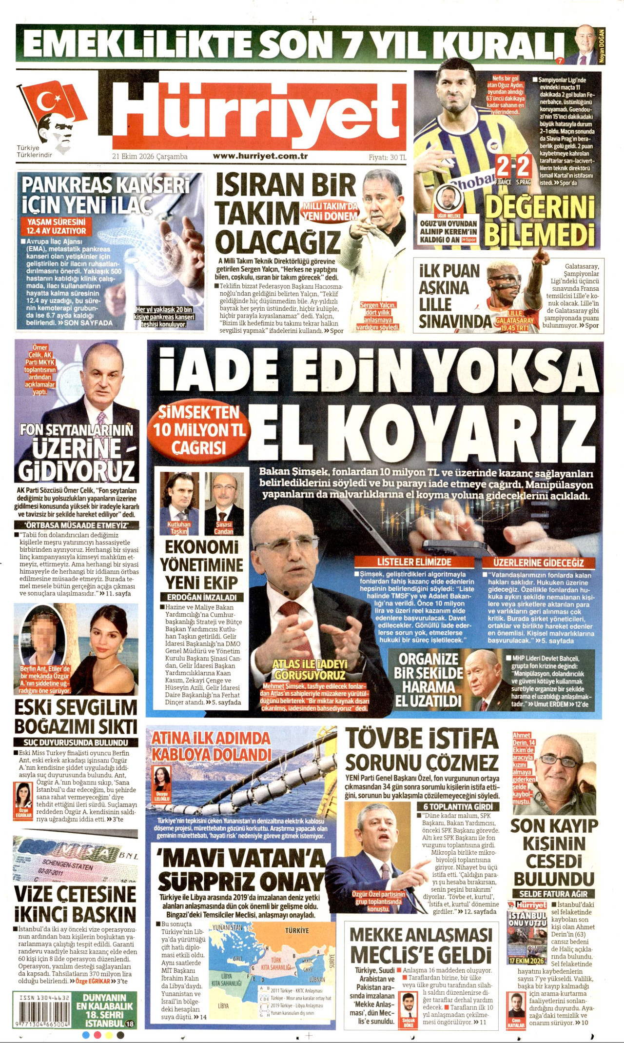 Hürriyet Gazetesi 21 Ekim 2026 Çarşamba Manşeti Büyük Boyut