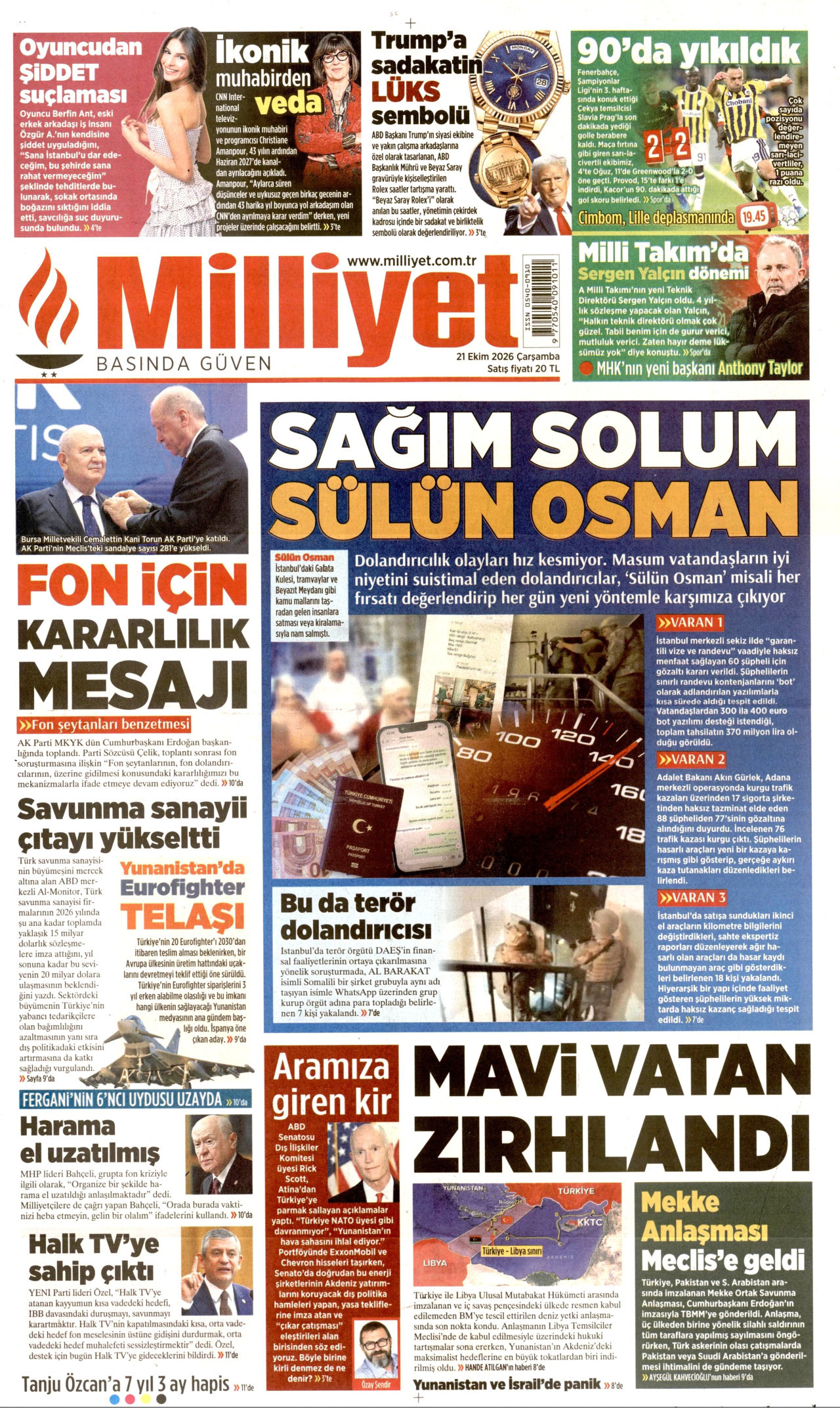 Milliyet Gazetesi 21 Ekim 2026 Çarşamba Manşeti Büyük Boyut