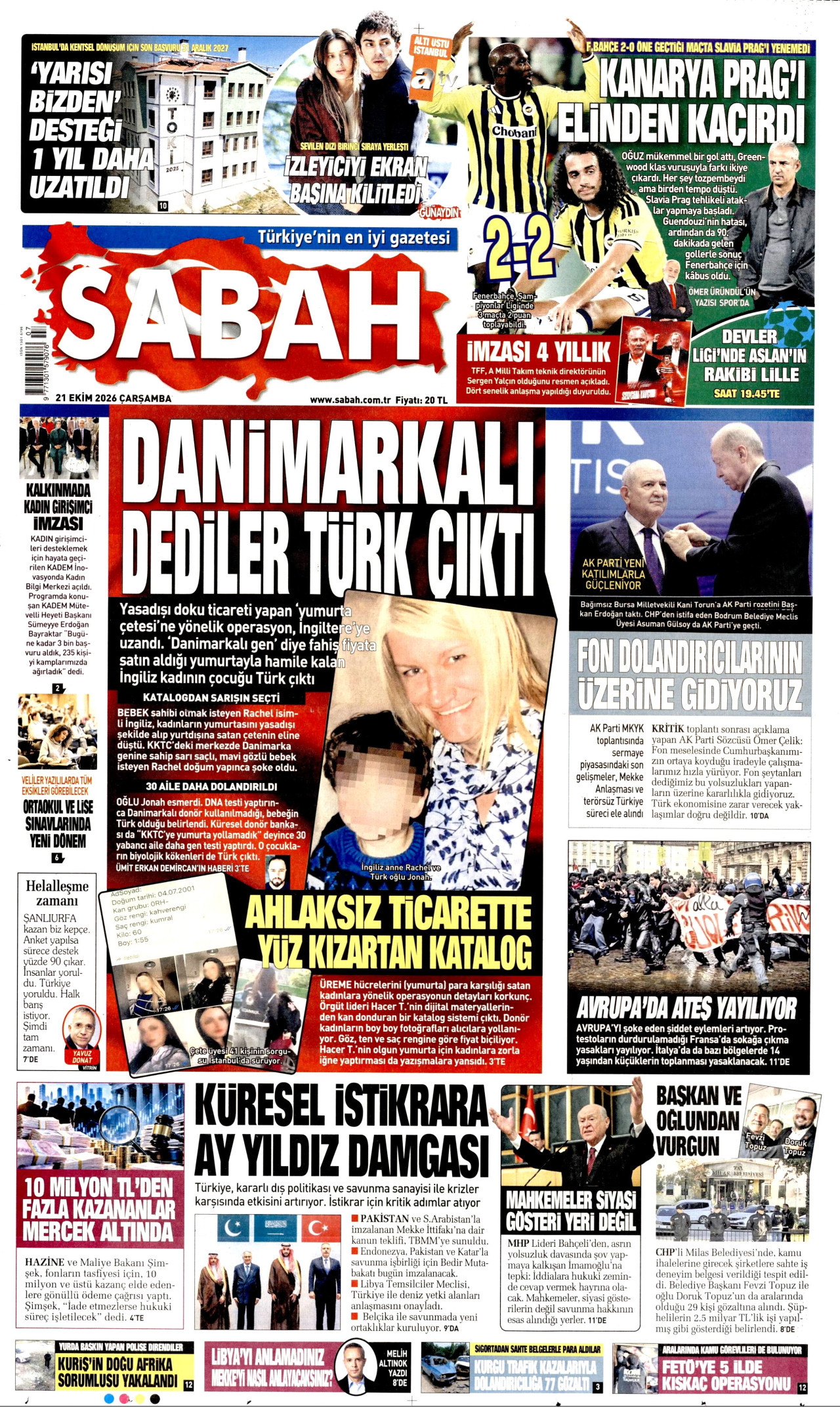 Sabah Gazetesi 21 Ekim 2026 Çarşamba Manşeti Büyük Boyut