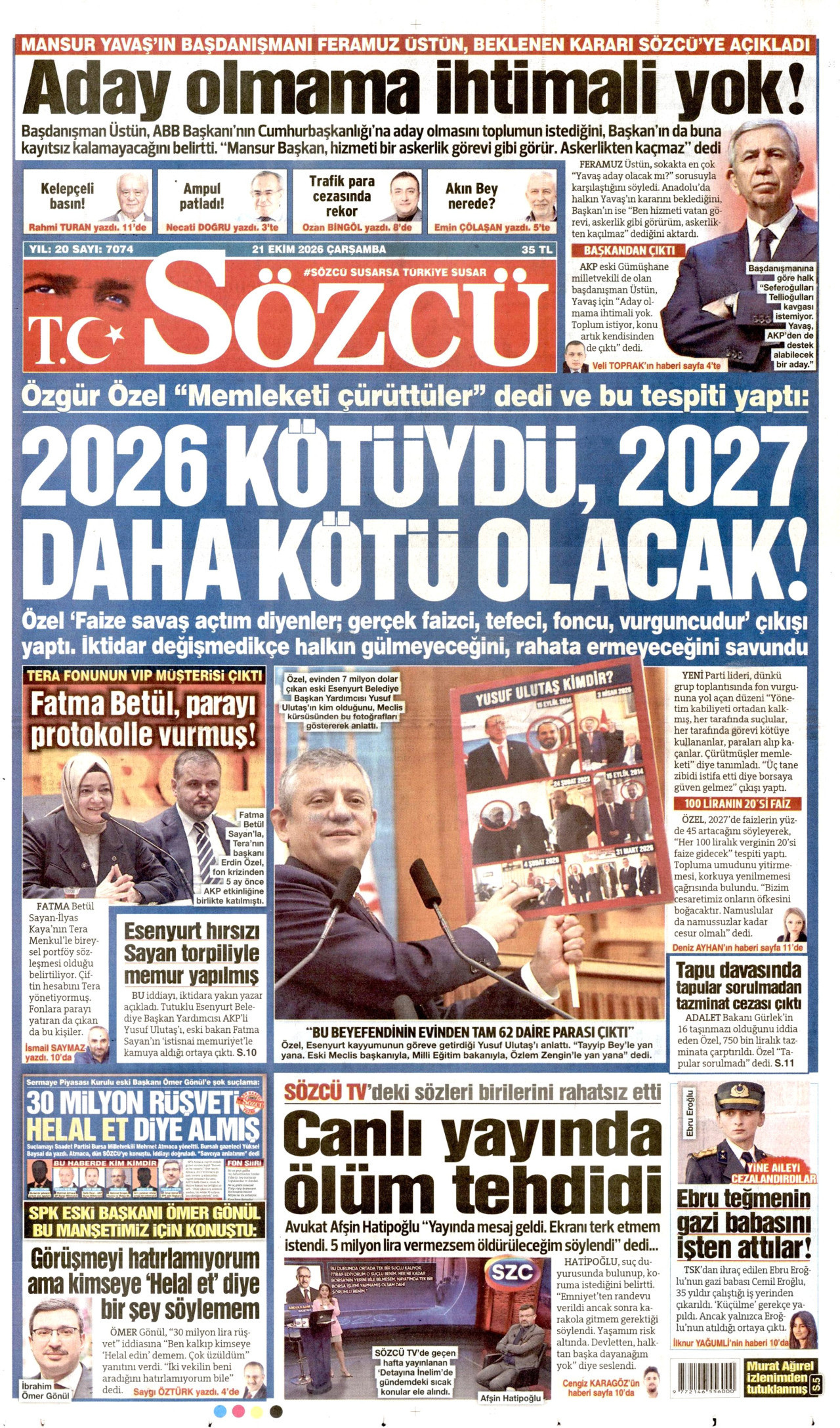 Sözcü Gazetesi 21 Ekim 2026 Çarşamba Manşeti Büyük Boyut