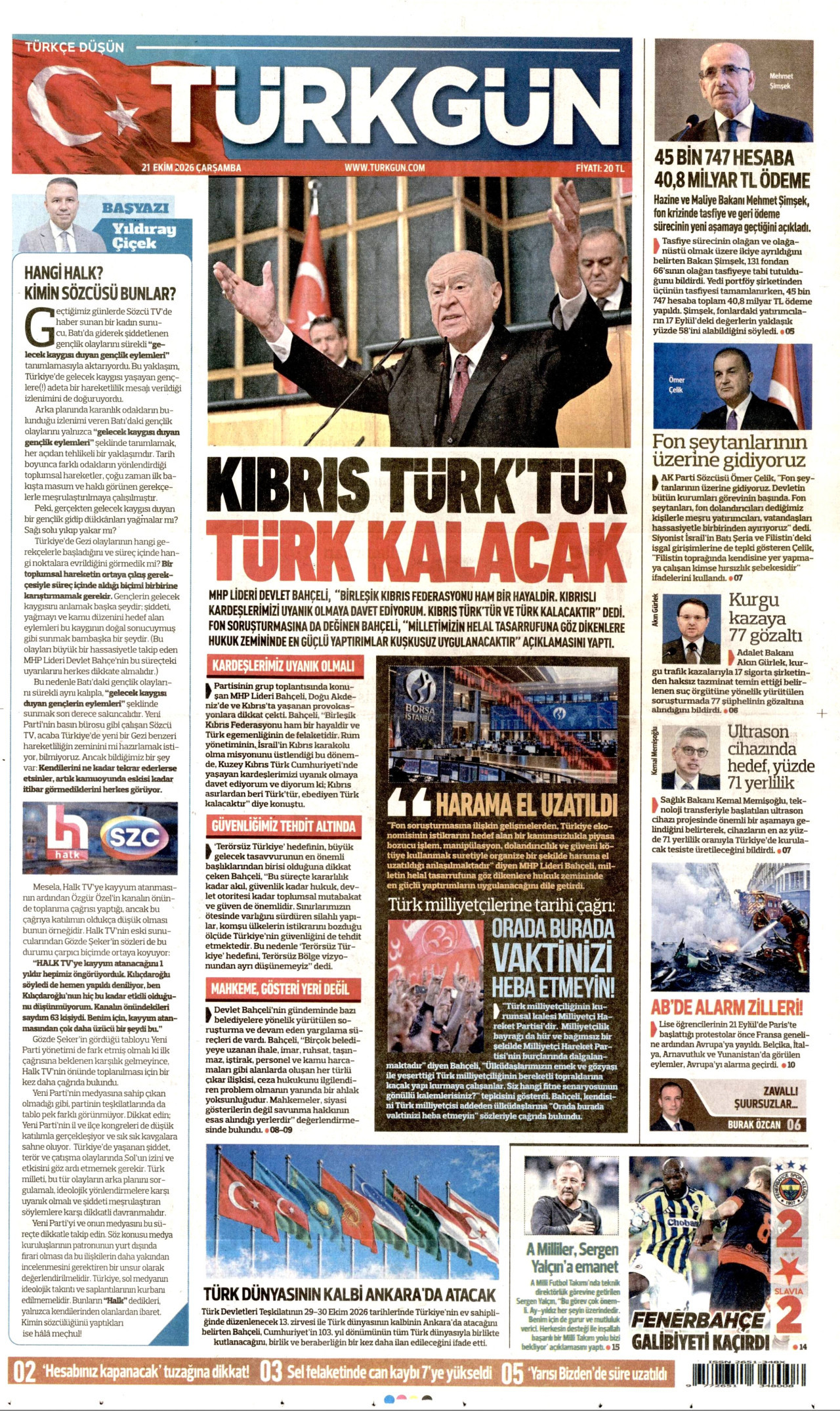 Türkgün Gazetesi 21 Ekim 2026 Çarşamba Manşeti Büyük Boyut