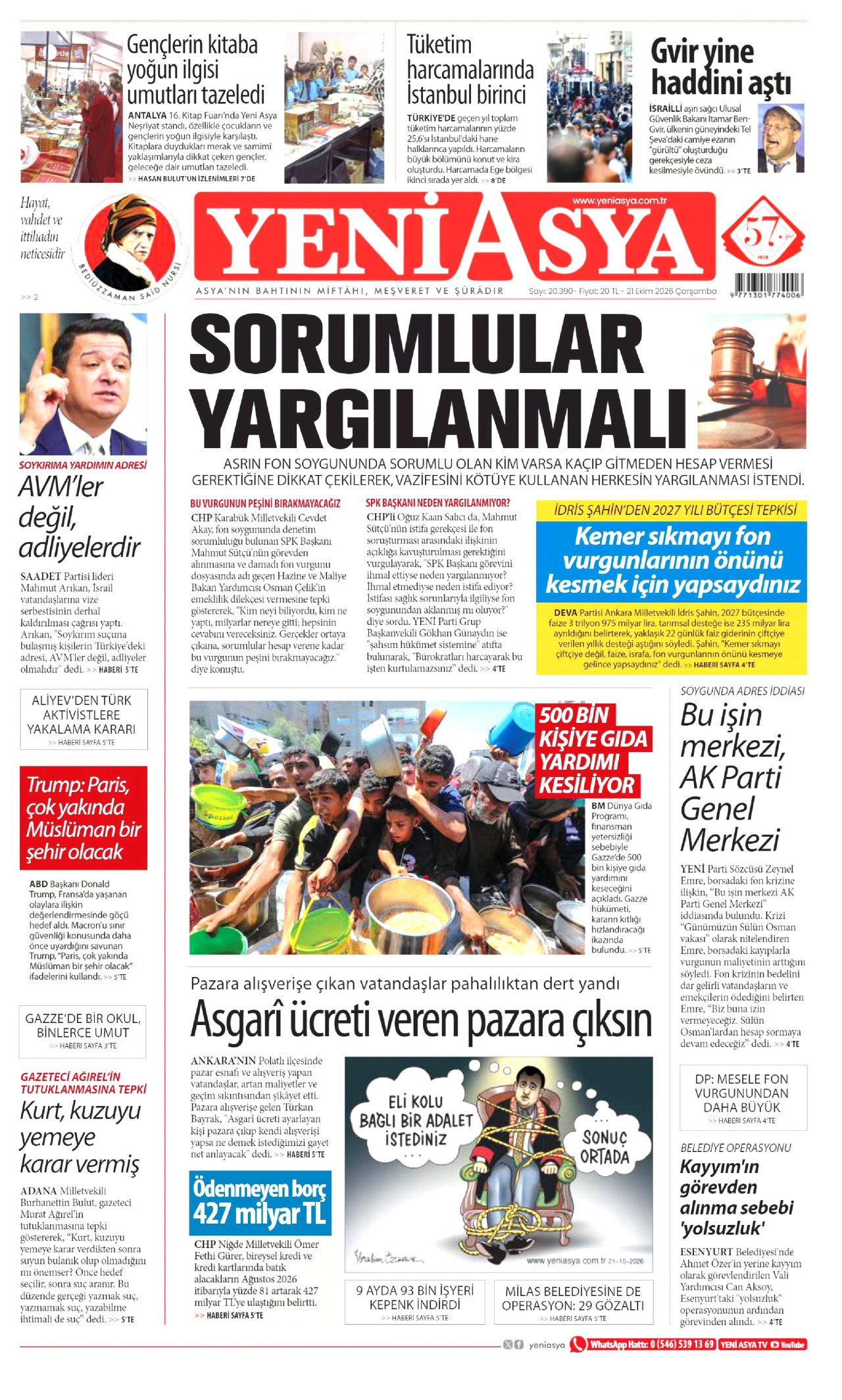 Yeni Asya Gazetesi 21 Ekim 2026 Çarşamba Manşeti Büyük Boyut