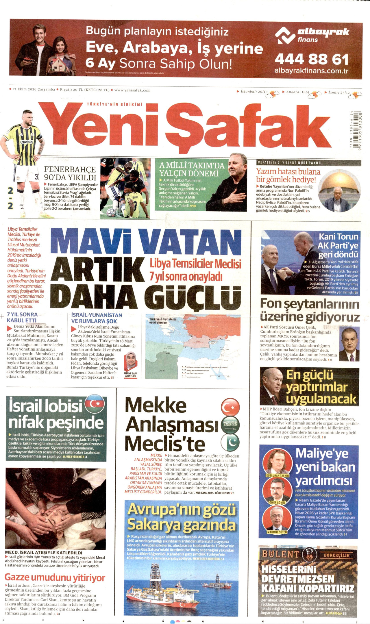 Yeni Şafak Gazetesi 21 Ekim 2026 Çarşamba Manşeti Büyük Boyut