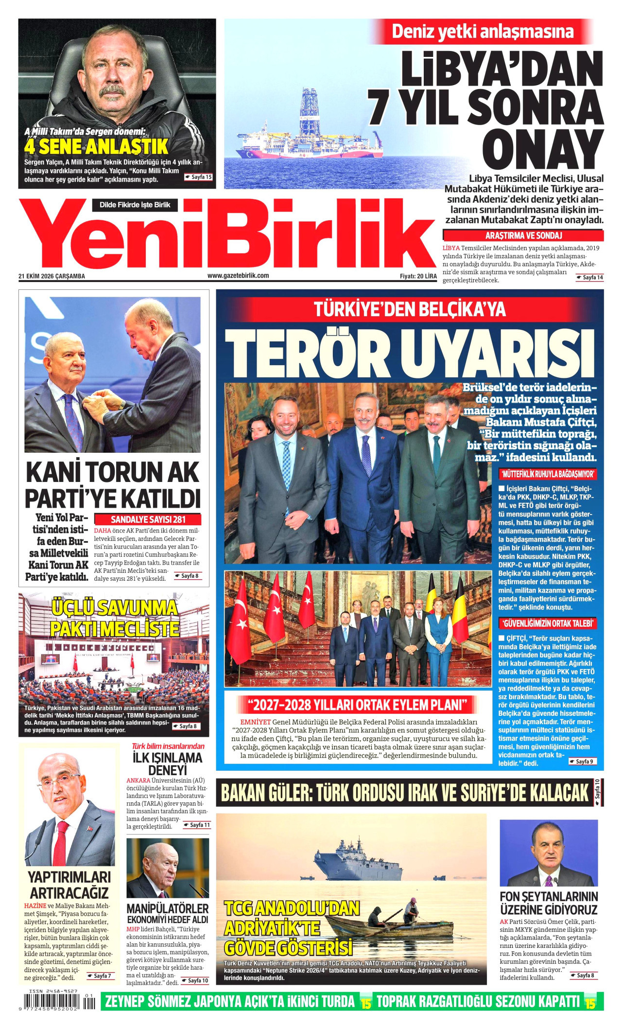YeniBirlik Gazetesi 21 Ekim 2026 Çarşamba Manşeti Büyük Boyut