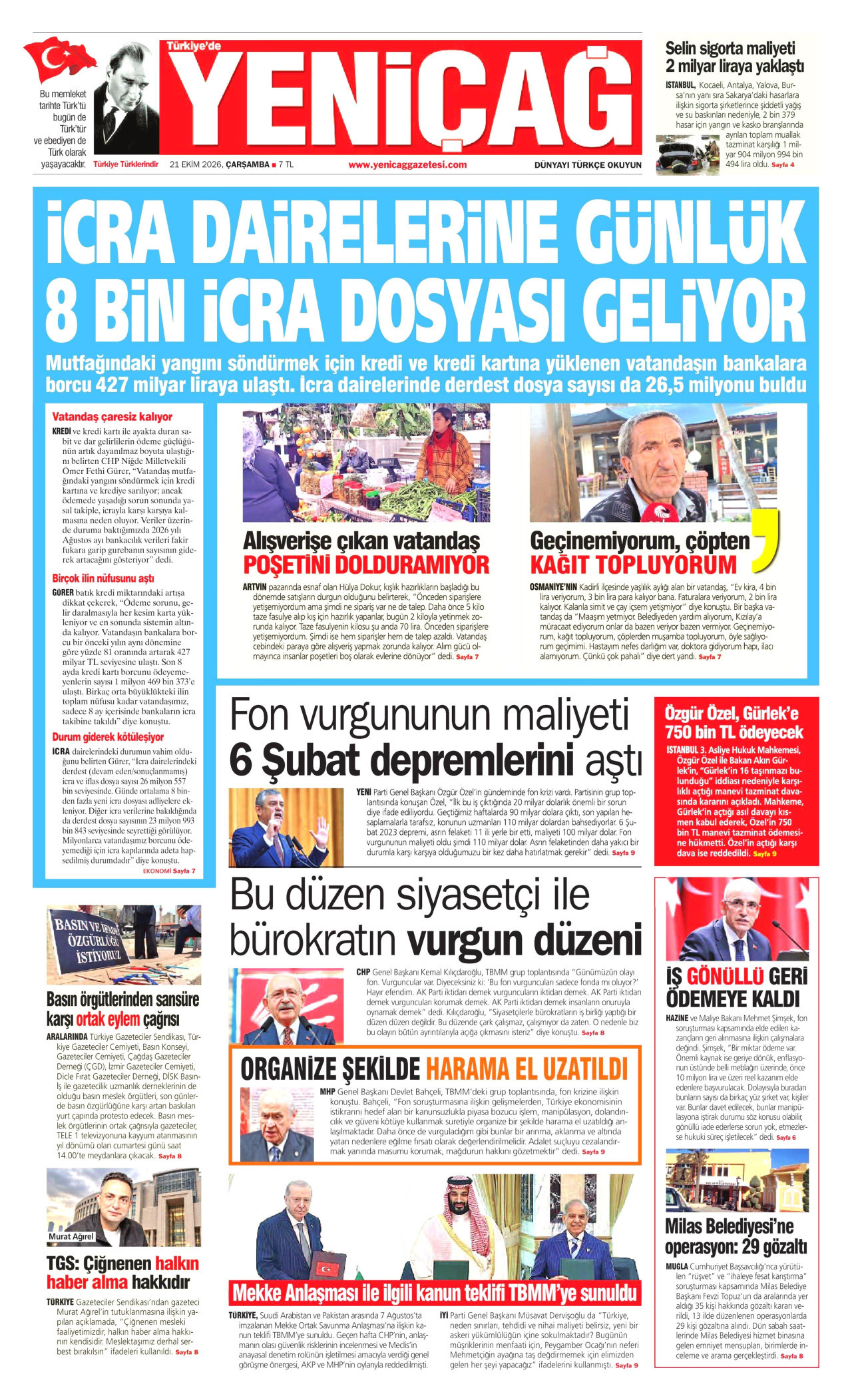 Yeniçağ Gazetesi 21 Ekim 2026 Çarşamba Manşeti Büyük Boyut