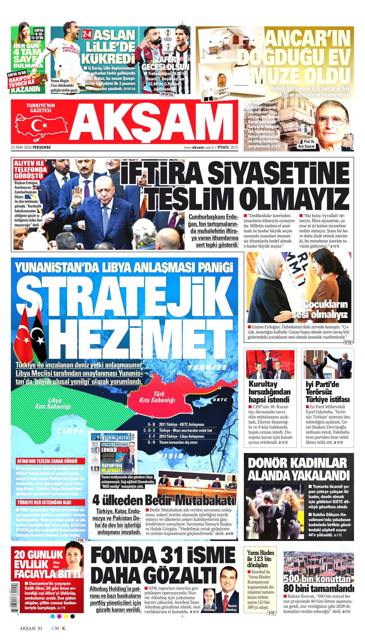 Akşam Gazetesi 22 Ekim 2026 Perşembe Manşeti Büyük Boyut