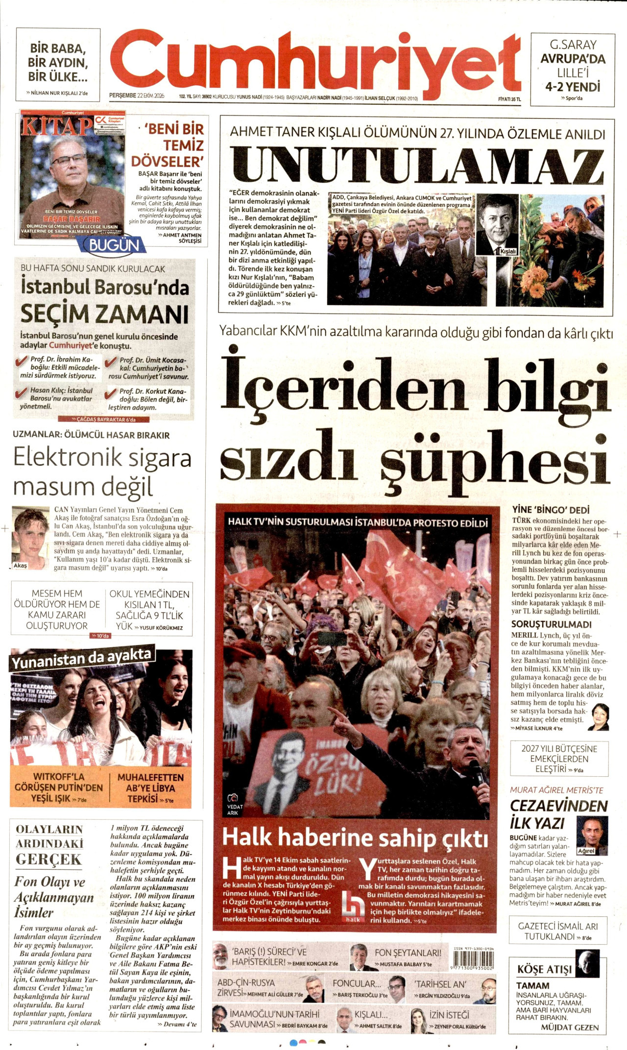 Cumhuriyet Gazetesi 22 Ekim 2026 Perşembe Manşeti Büyük Boyut