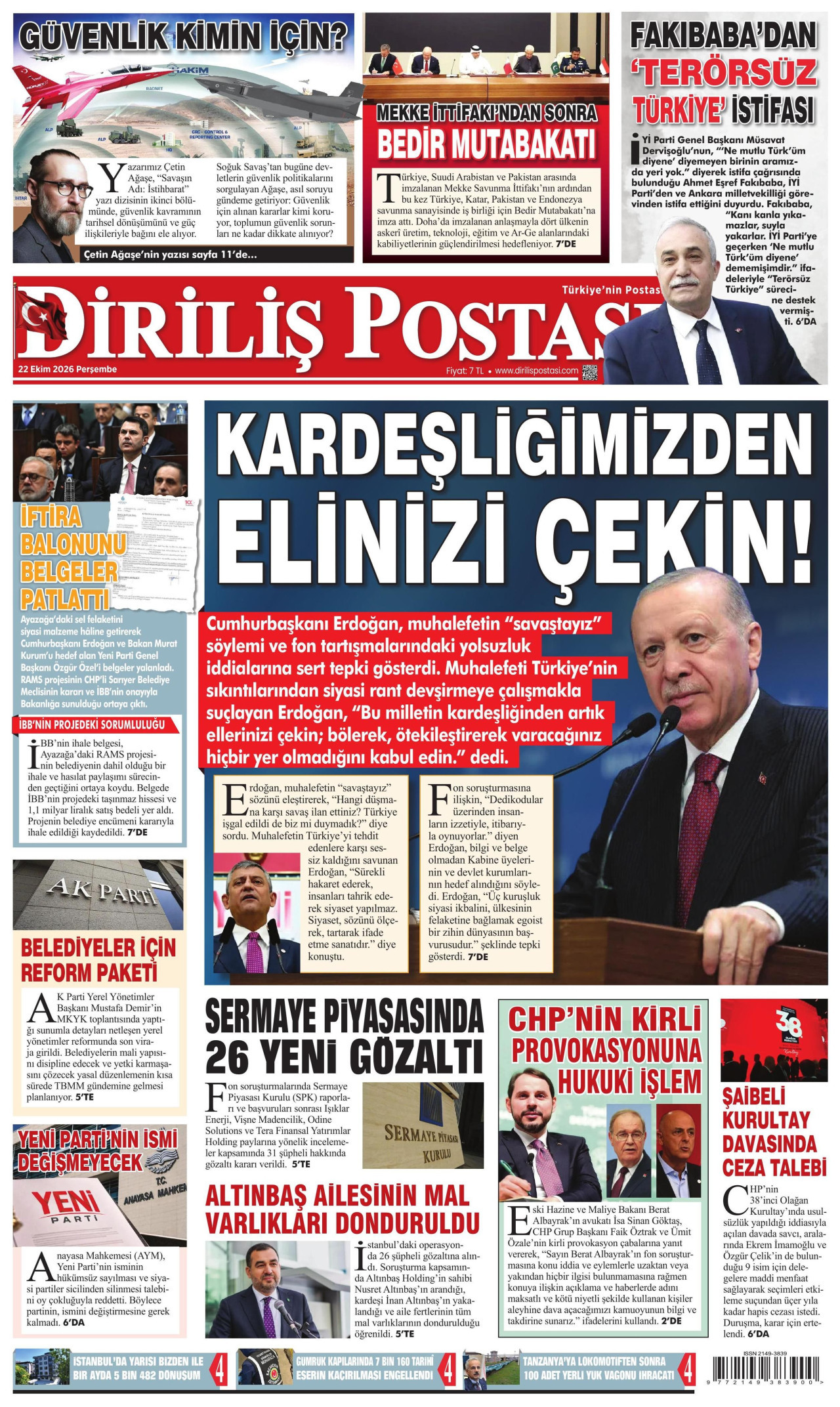 Diriliş Postası Gazetesi 22 Ekim 2026 Perşembe Manşeti Büyük Boyut