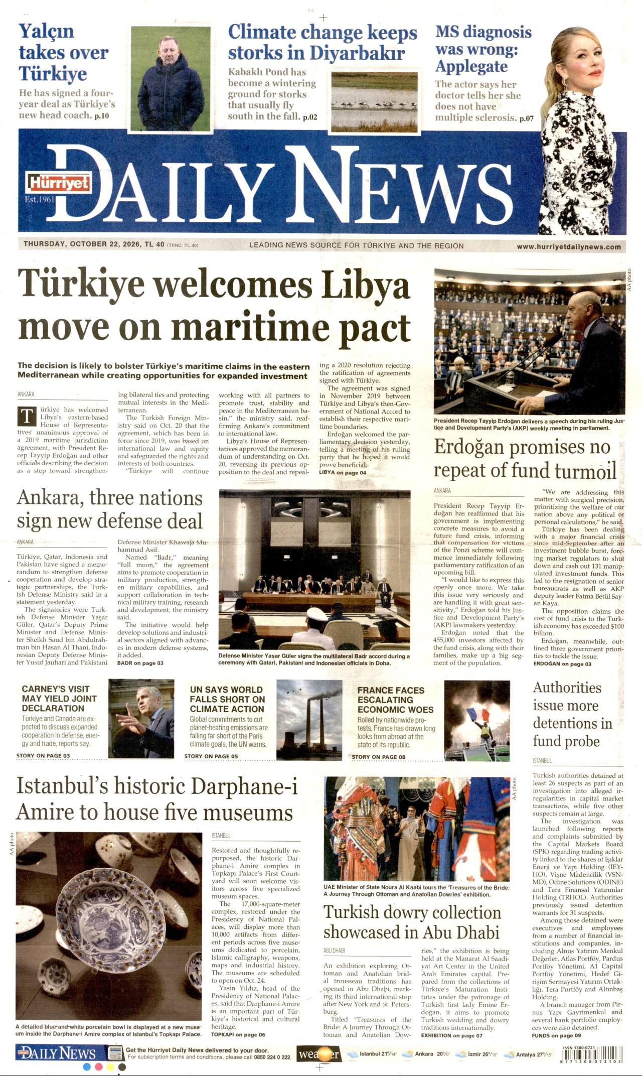 Hürriyet Daily News Gazetesi 22 Ekim 2026 Perşembe Manşeti Büyük Boyut