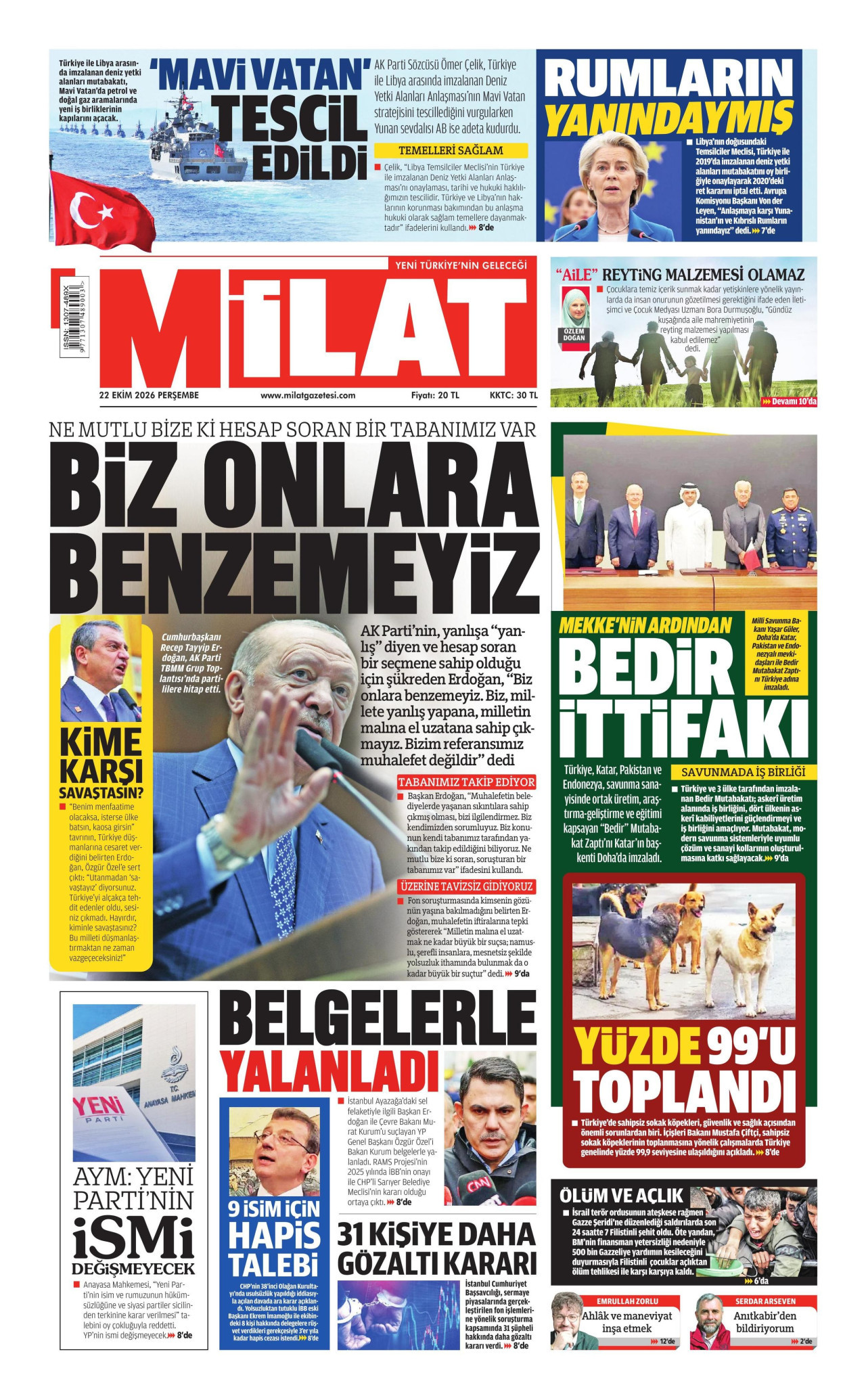 Milat Gazetesi 22 Ekim 2026 Perşembe Manşeti Büyük Boyut