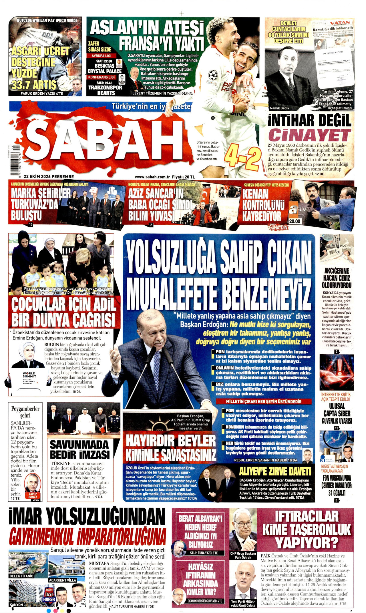 Sabah Gazetesi 22 Ekim 2026 Perşembe Manşeti Büyük Boyut