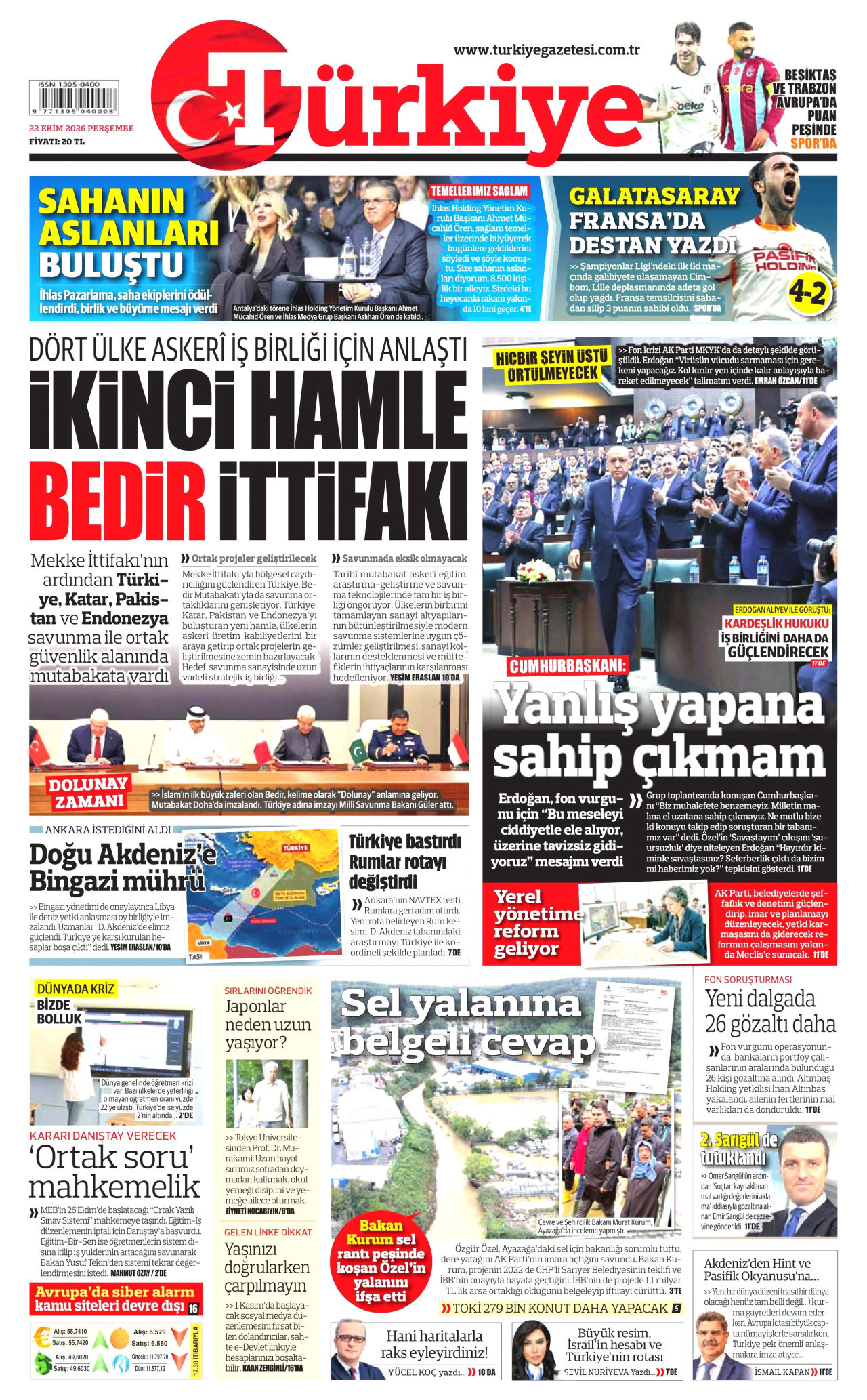 Türkiye Gazetesi 22 Ekim 2026 Perşembe Manşeti Büyük Boyut