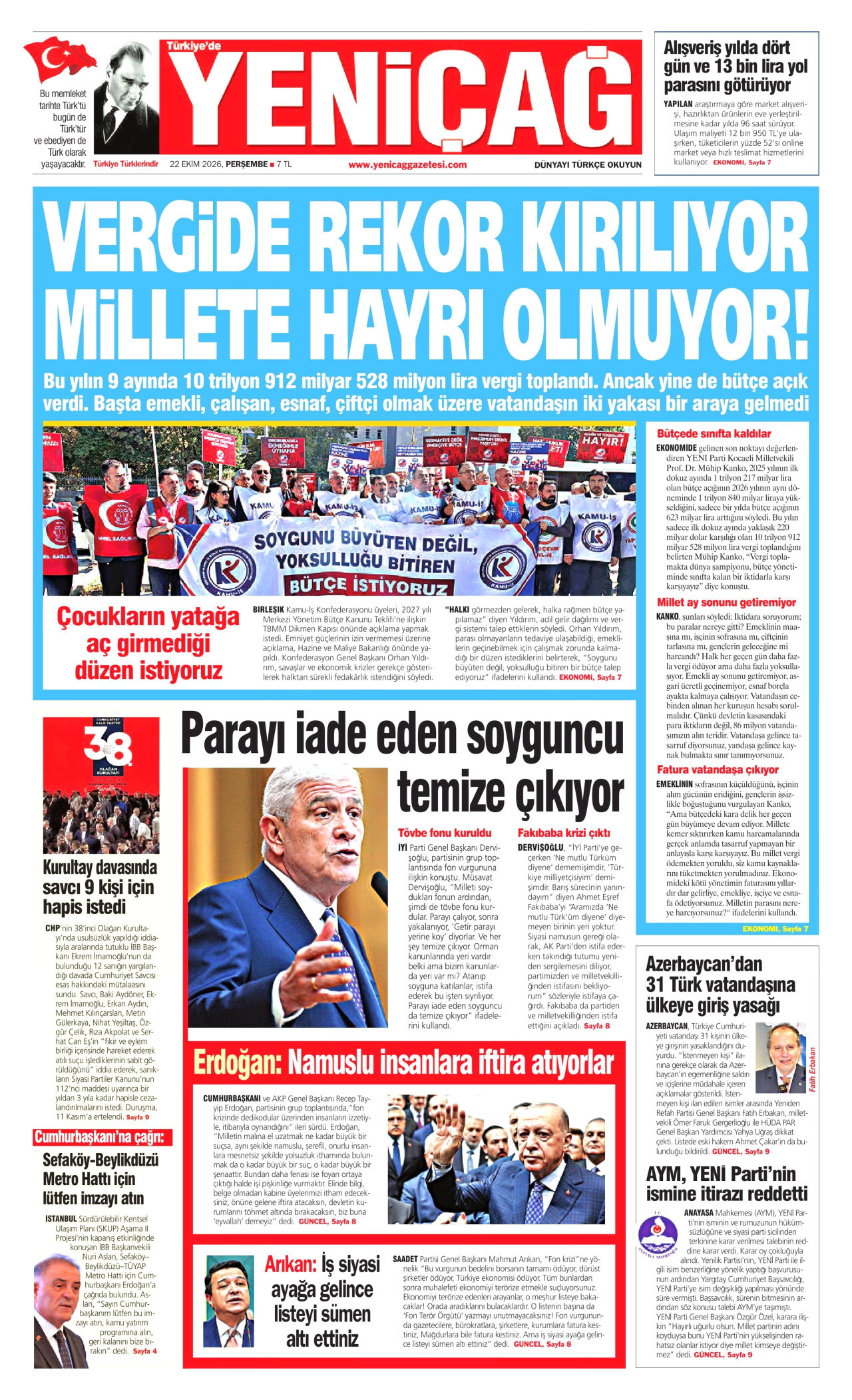 Yeniçağ Gazetesi 22 Ekim 2026 Perşembe Manşeti Büyük Boyut
