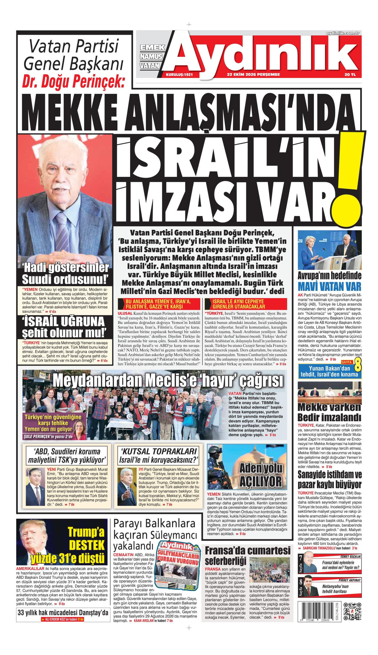 Aydınlık Gazetesi 23 Ekim 2026 Cuma Manşeti Büyük Boyut